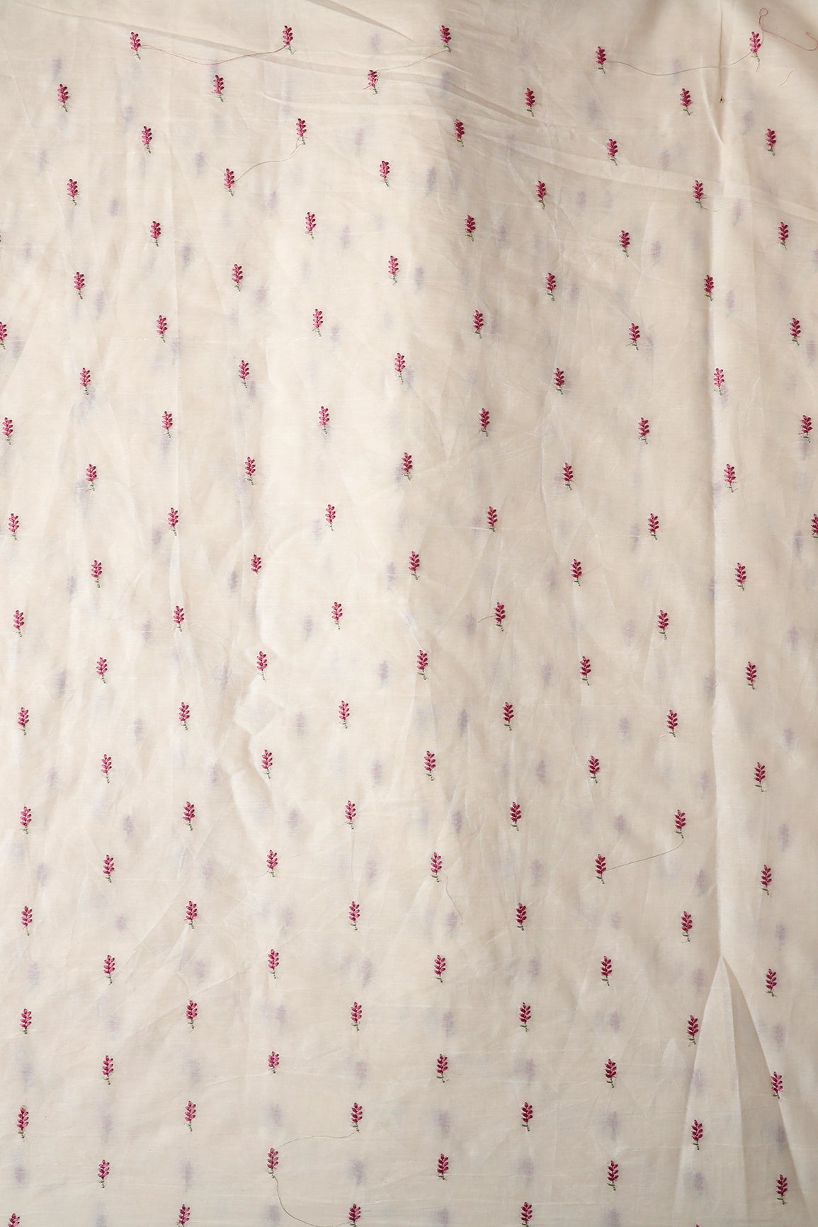 Mauve Small Leafy Embroidery On Off White Pure Cotton Fabric