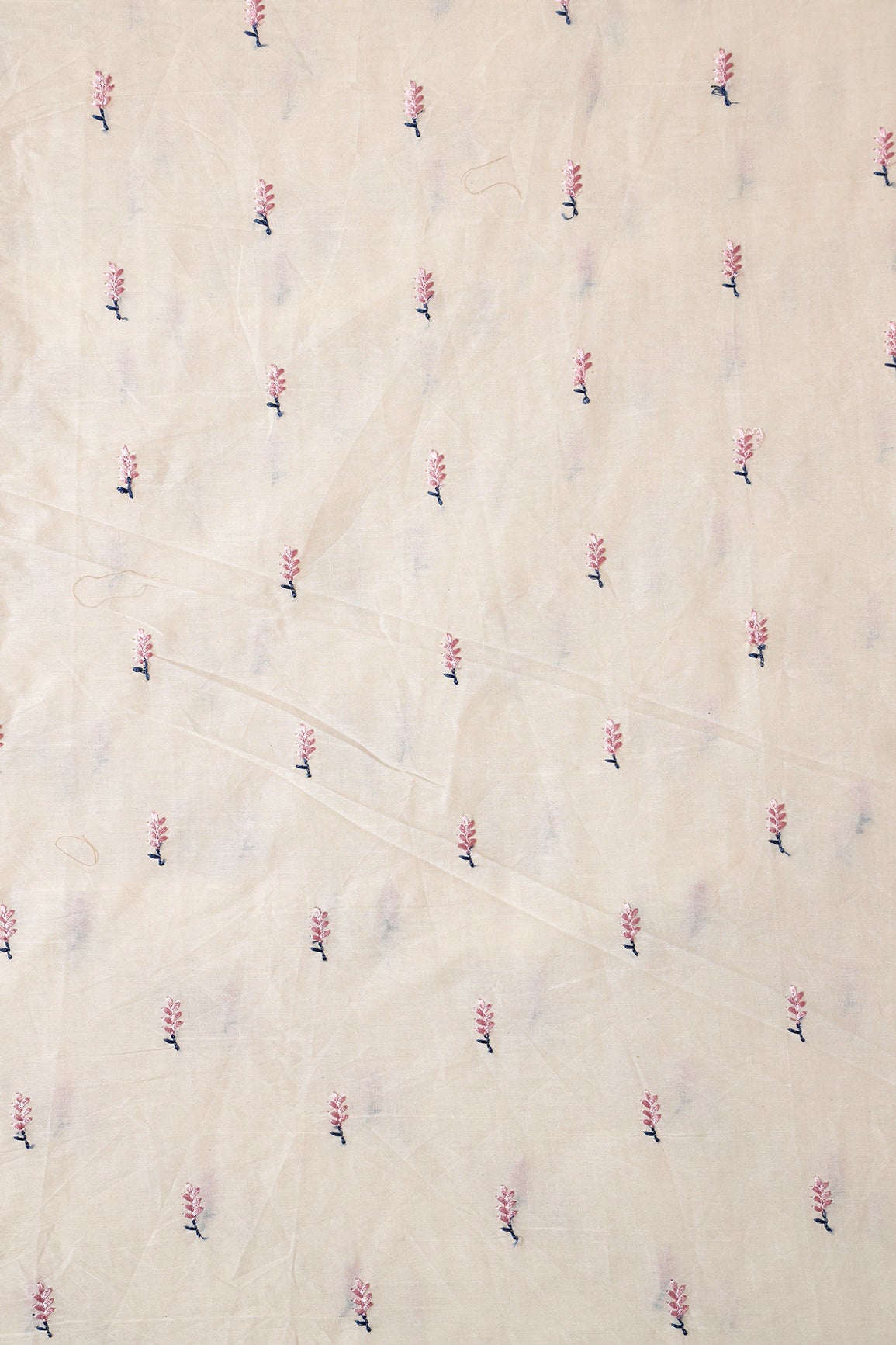 Lilac Small Leafy Embroidery On Off White Pure Cotton Fabric