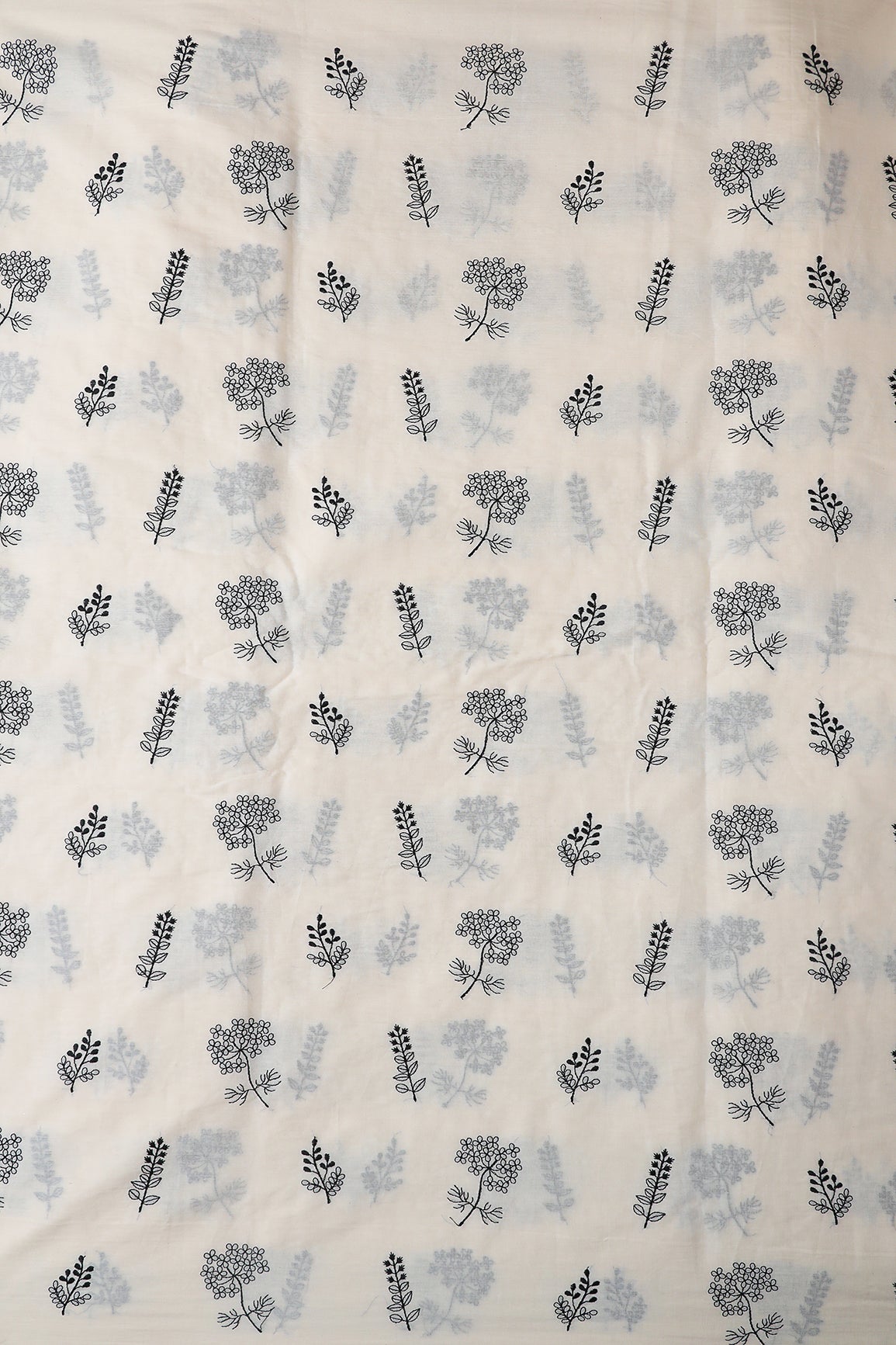 Black Thread beautiful Leafy Embroidery On Off White Organic Cotton Fabric