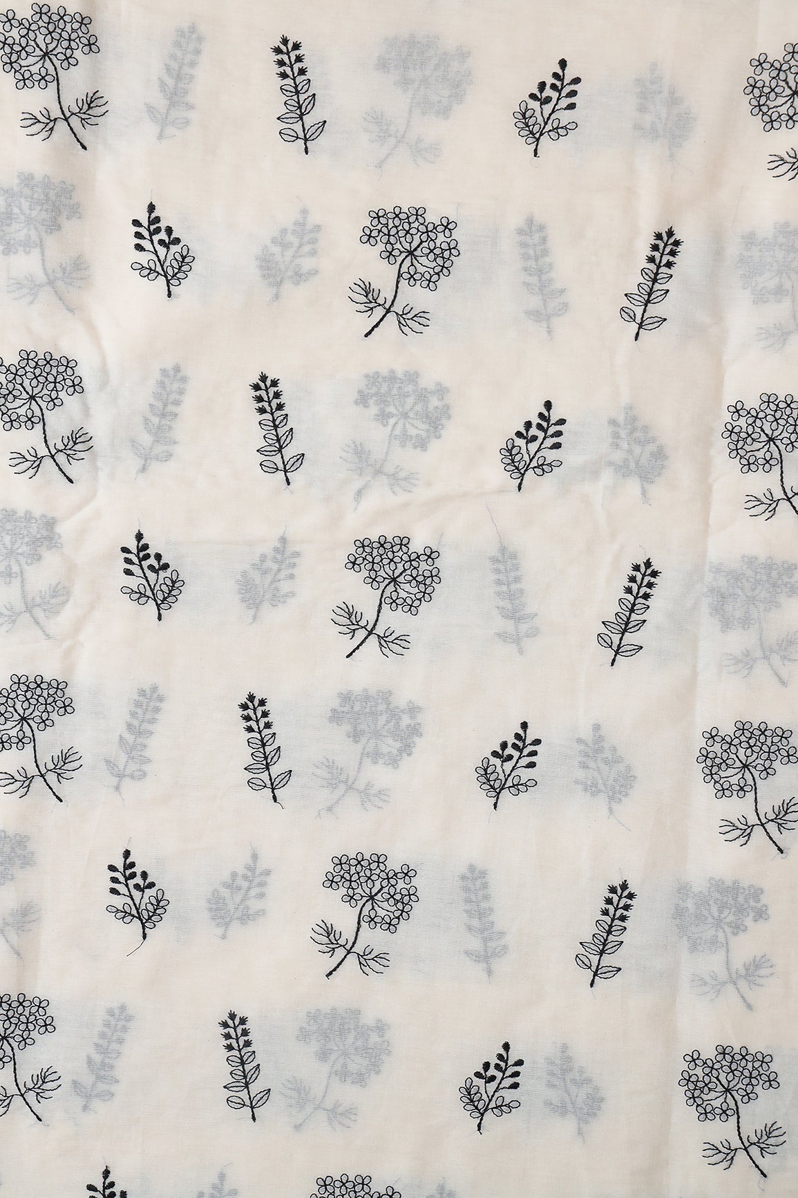 Black Thread beautiful Leafy Embroidery On Off White Organic Cotton Fabric