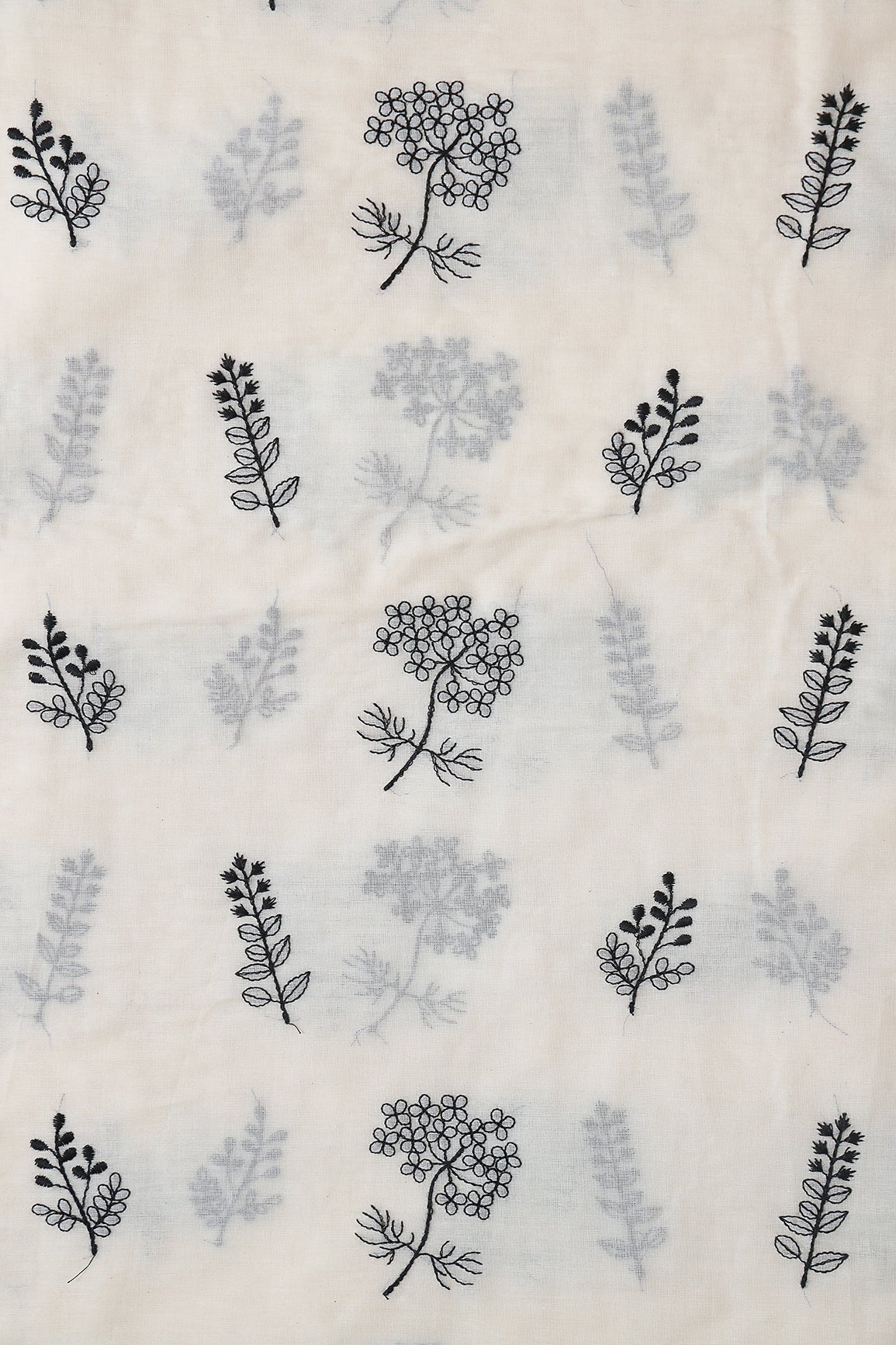 Black Thread beautiful Leafy Embroidery On Off White Organic Cotton Fabric