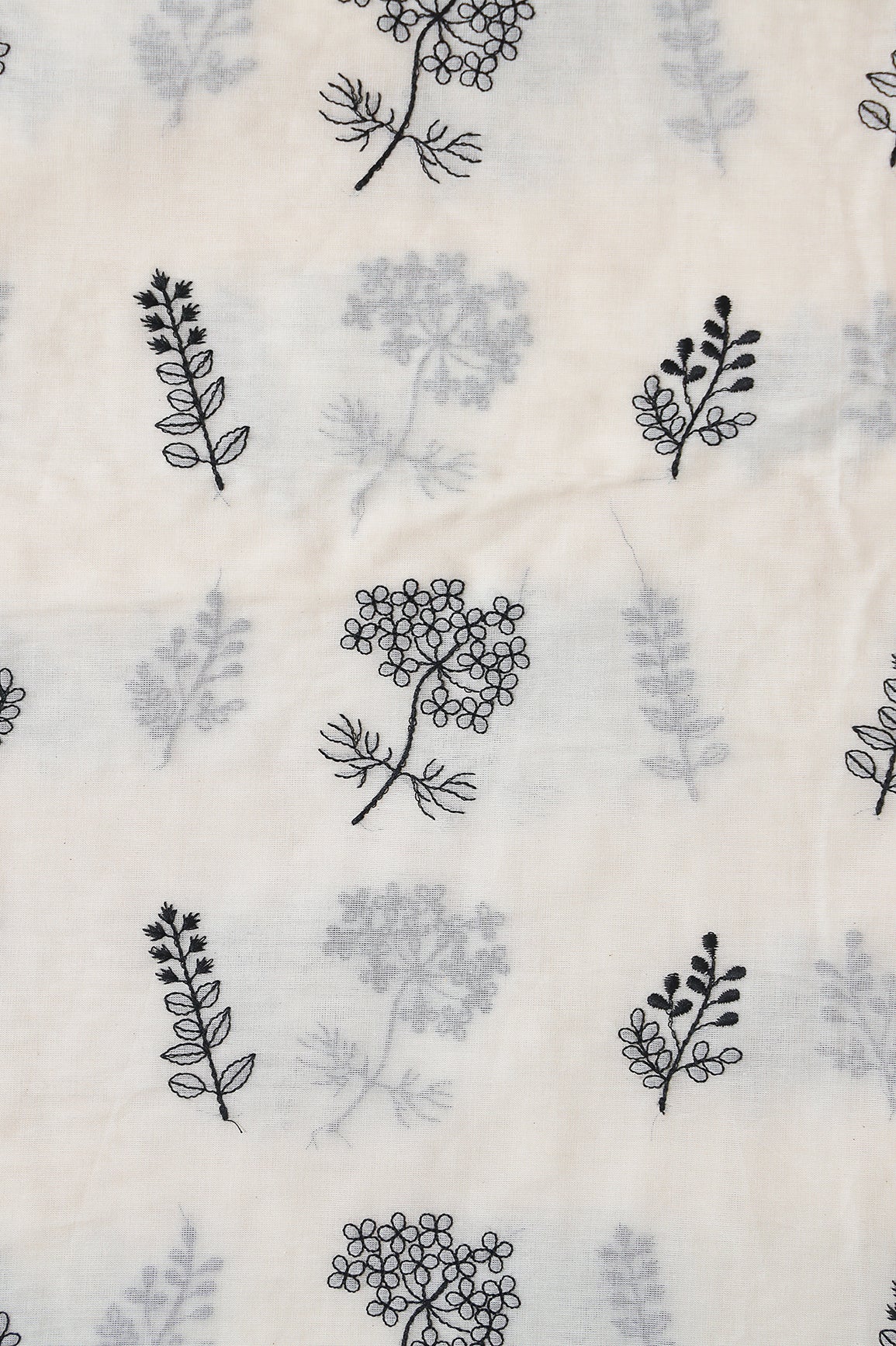 Black Thread beautiful Leafy Embroidery On Off White Organic Cotton Fabric