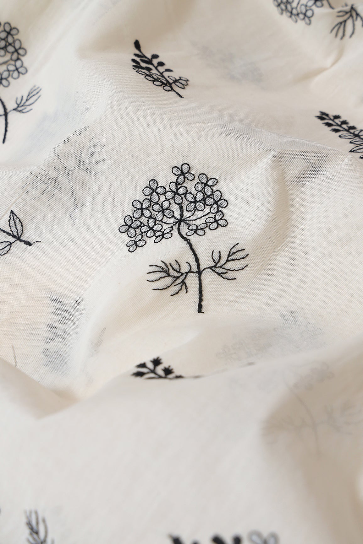 Black Thread beautiful Leafy Embroidery On Off White Organic Cotton Fabric
