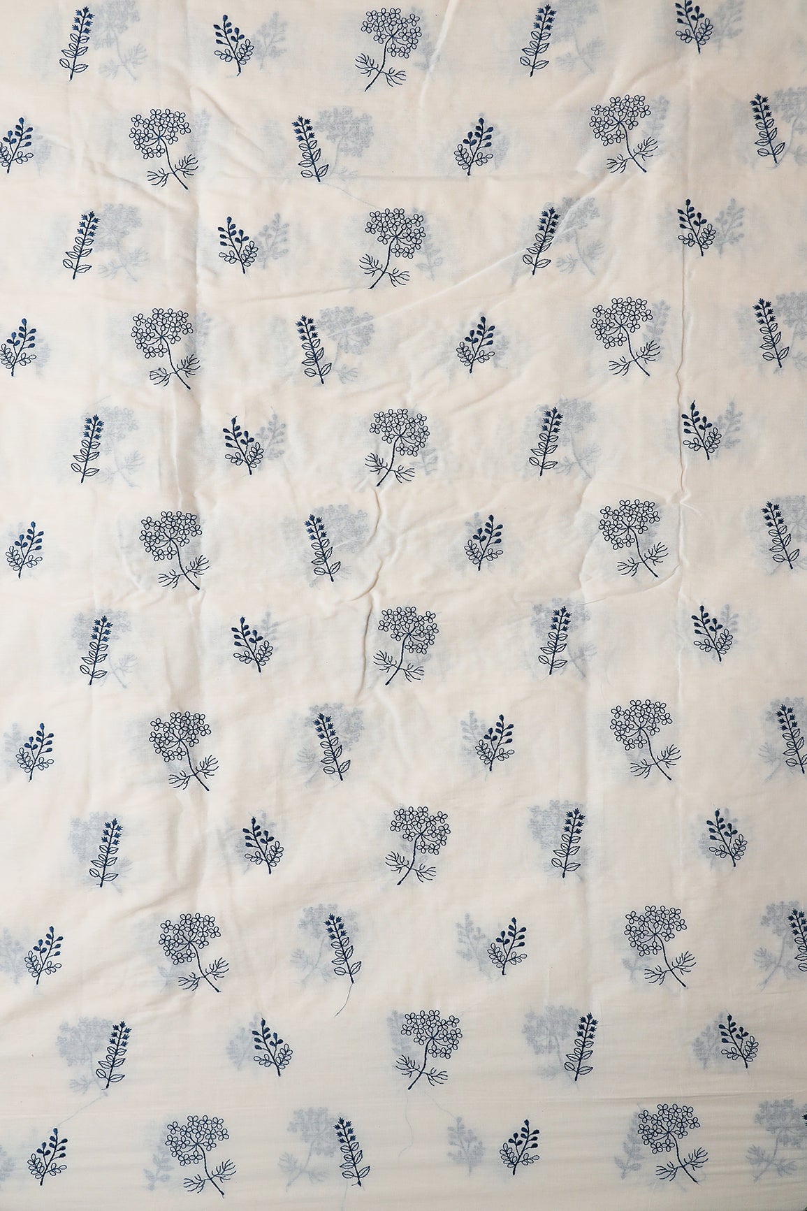Navy Blue Thread beautiful Leafy Embroidery On Off White Organic Cotton Fabric