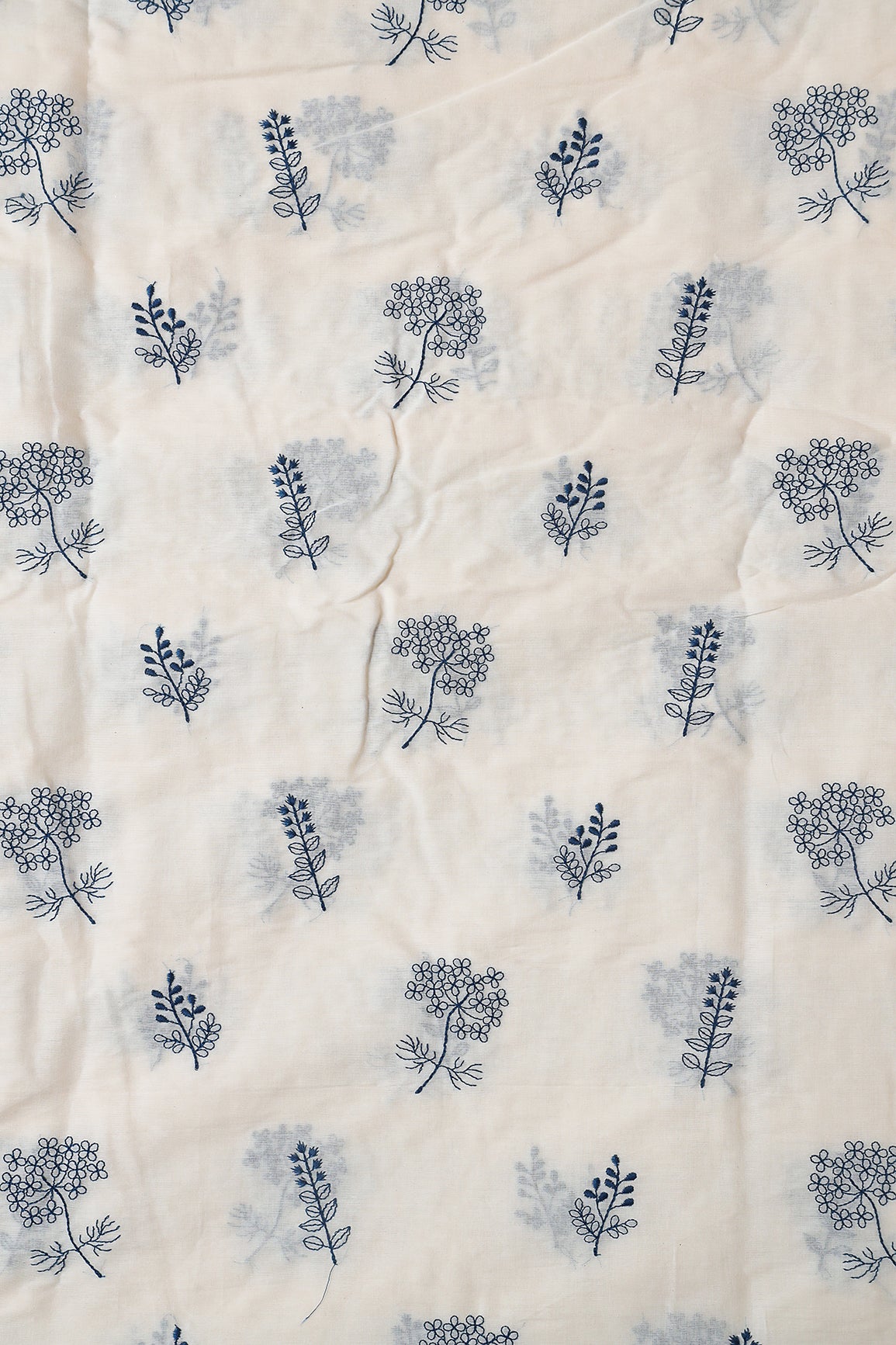 Navy Blue Thread beautiful Leafy Embroidery On Off White Organic Cotton Fabric