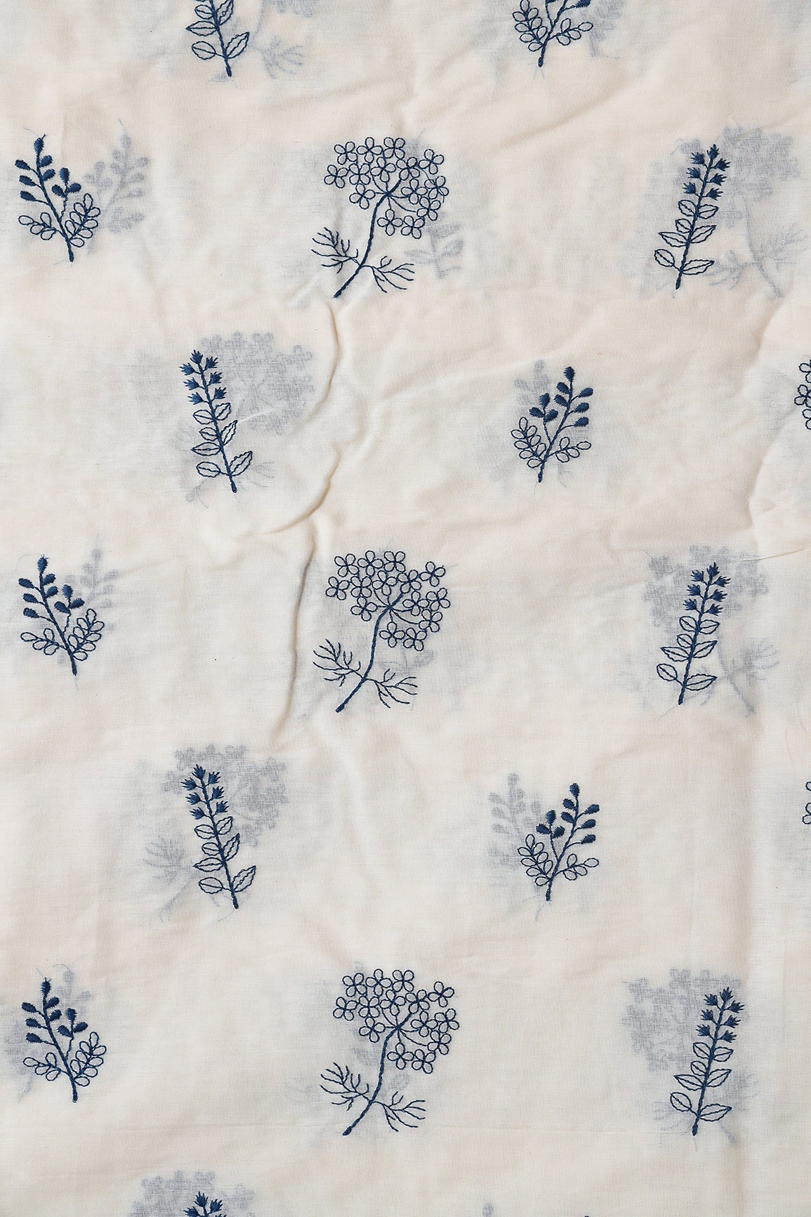 Navy Blue Thread beautiful Leafy Embroidery On Off White Organic Cotton Fabric