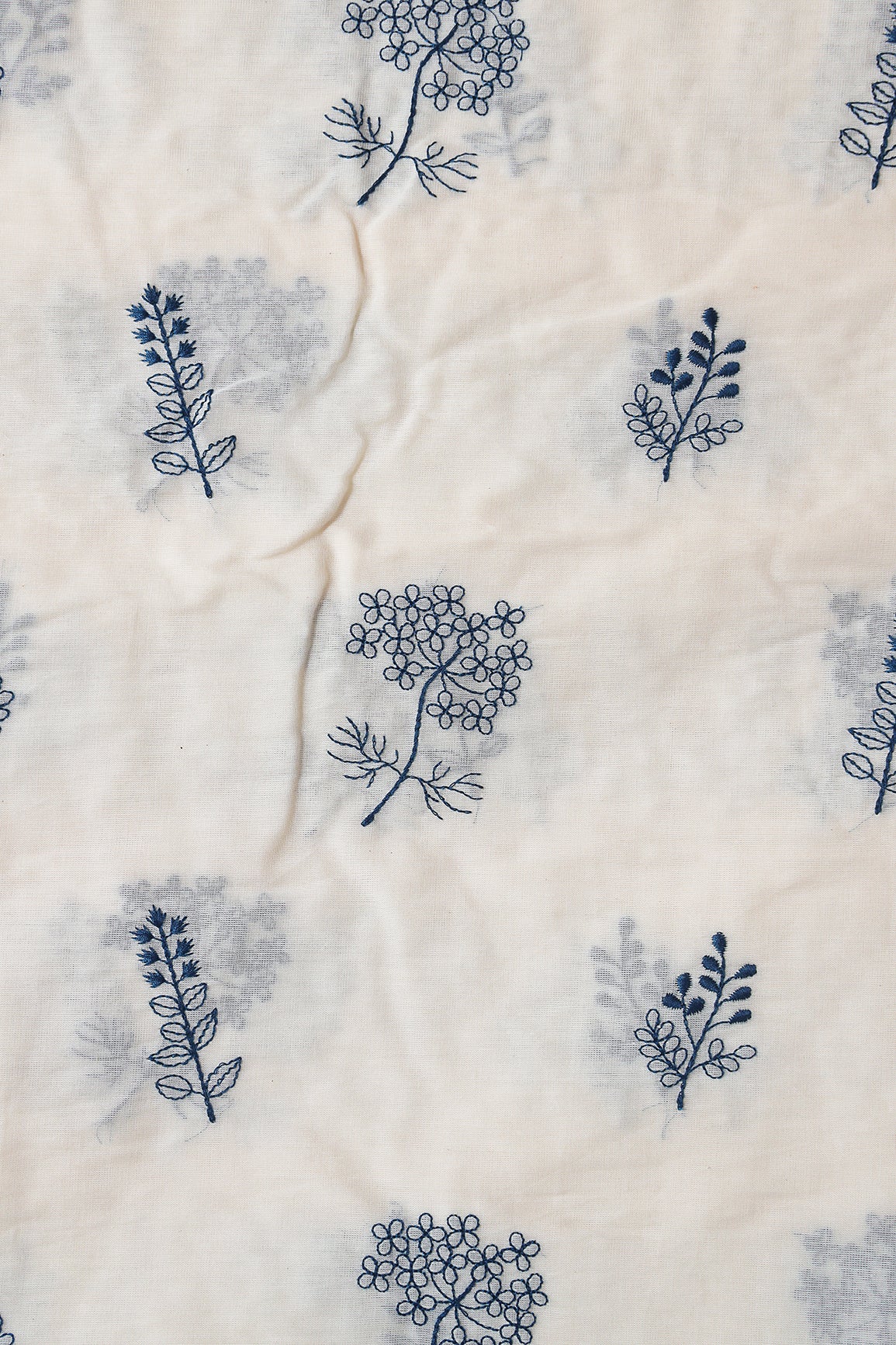 Navy Blue Thread beautiful Leafy Embroidery On Off White Organic Cotton Fabric