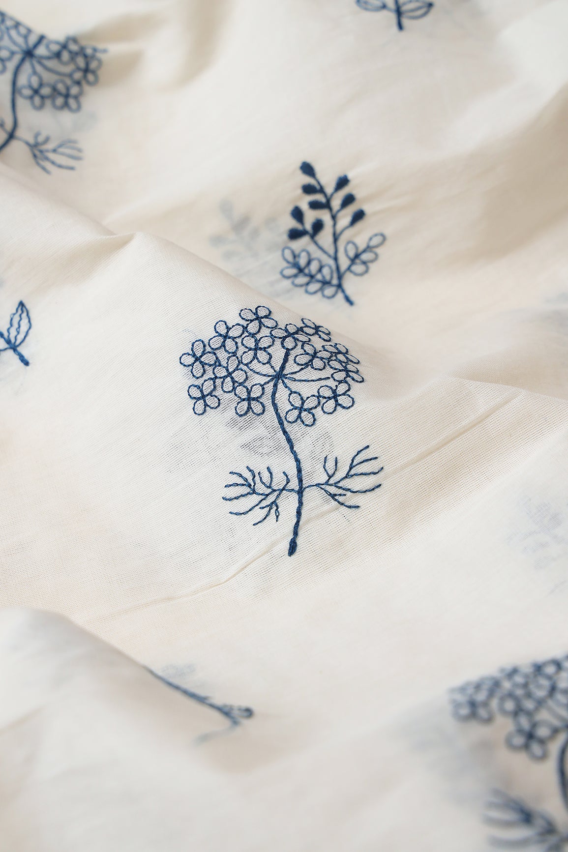 Navy Blue Thread beautiful Leafy Embroidery On Off White Organic Cotton Fabric