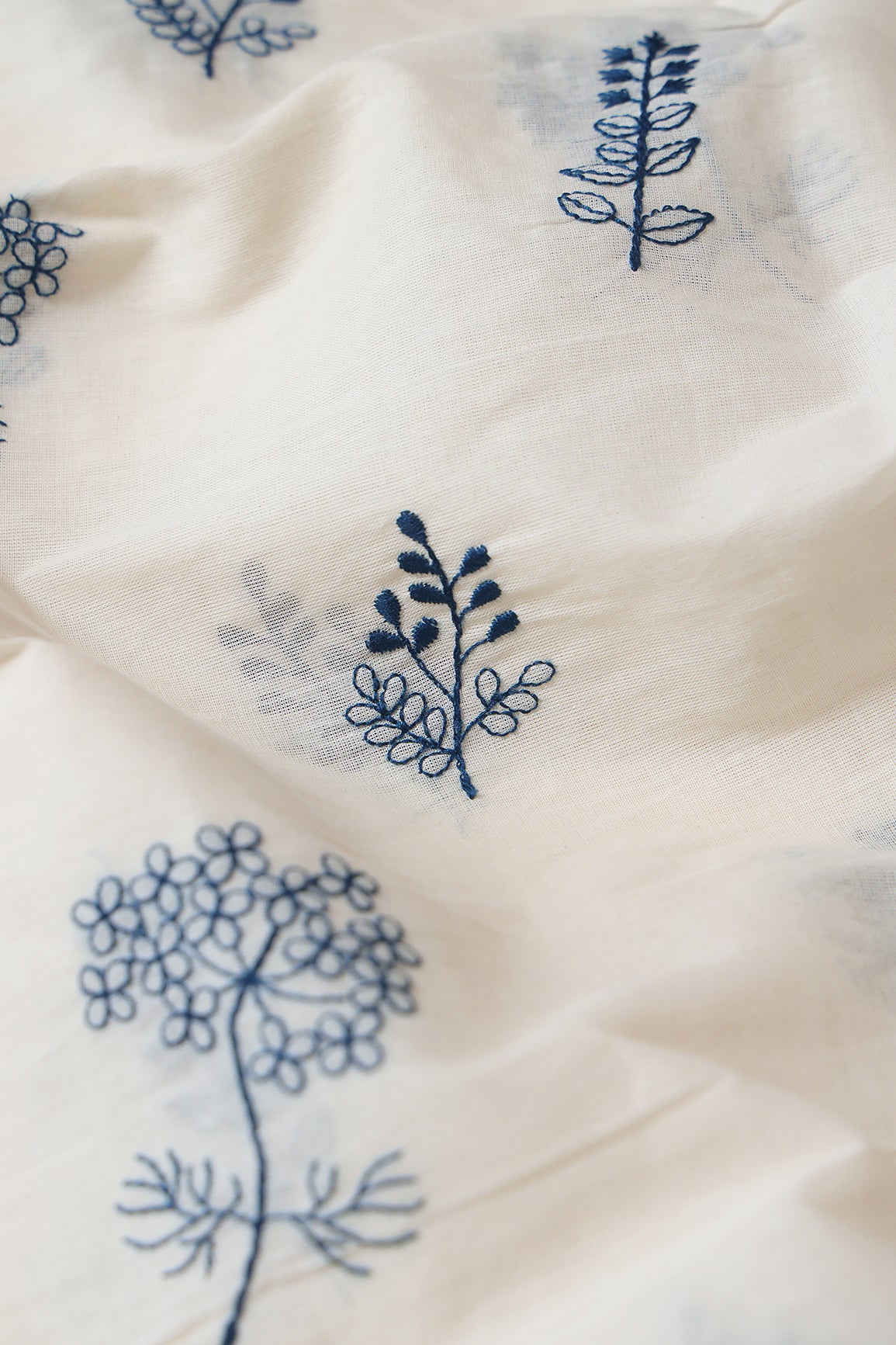Navy Blue Thread beautiful Leafy Embroidery On Off White Organic Cotton Fabric