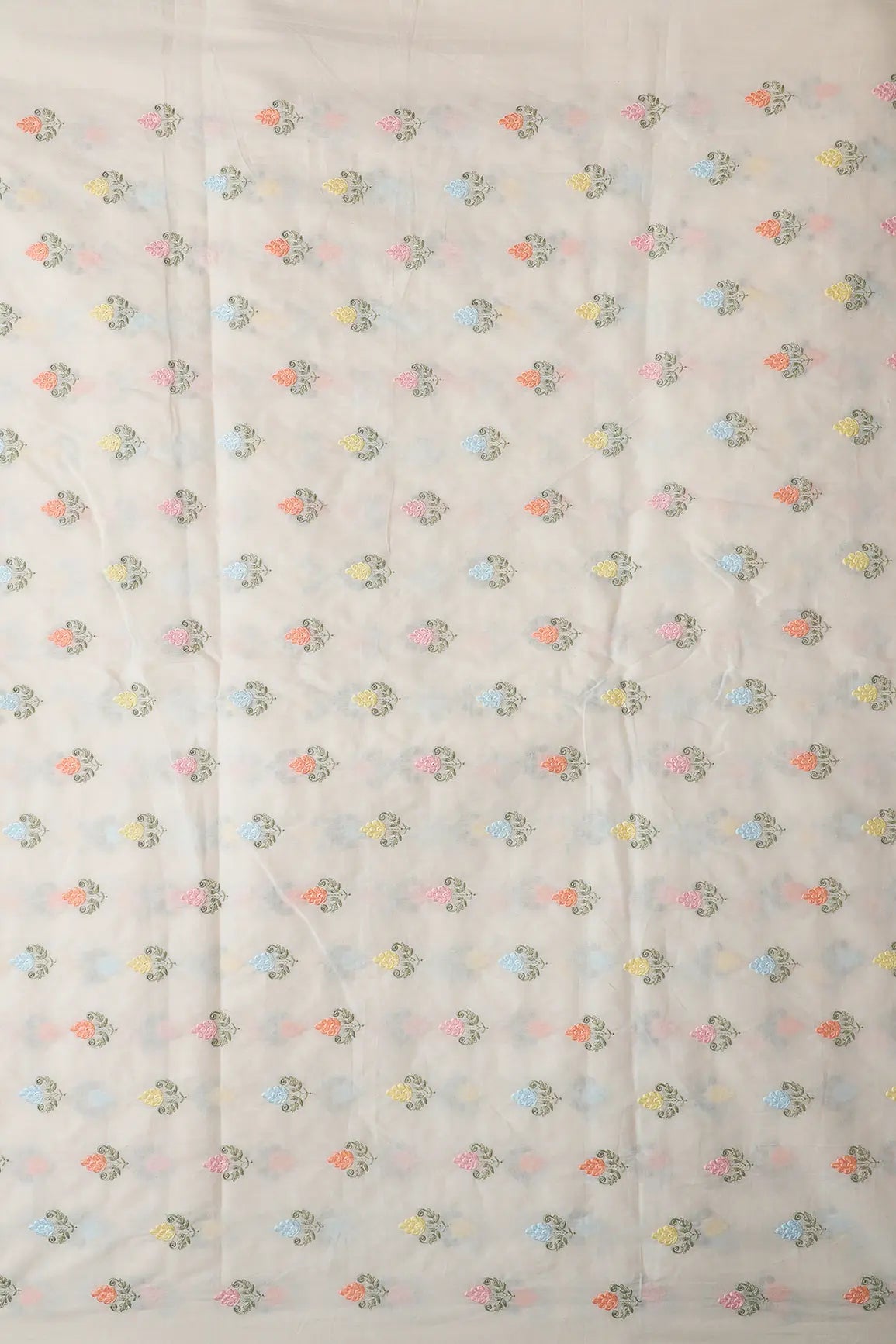 Pastel Thread Floral Butta Embroidery On Off White Organic Cotton Fabric
