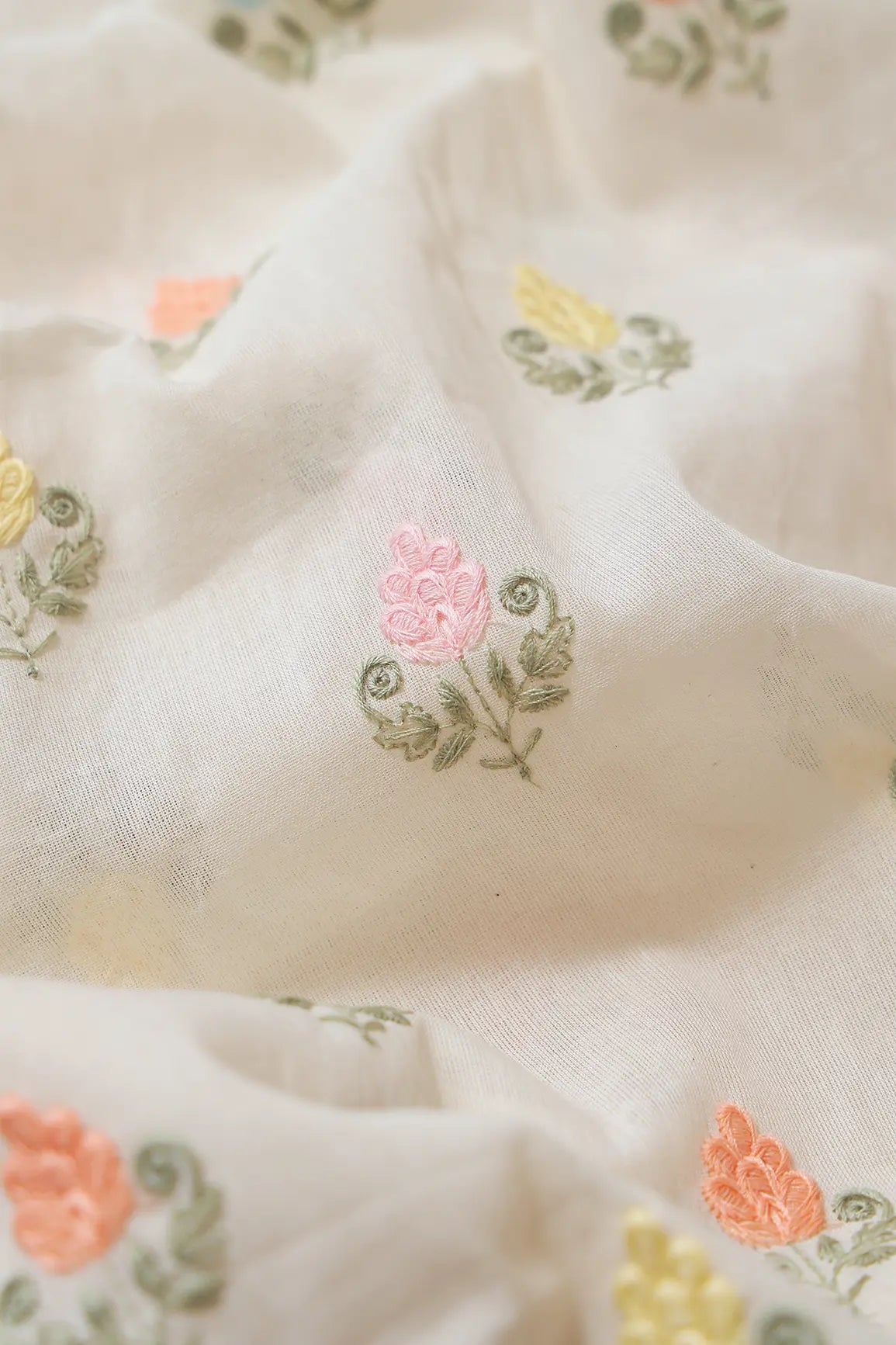Pastel Thread Floral Butta Embroidery On Off White Organic Cotton Fabric