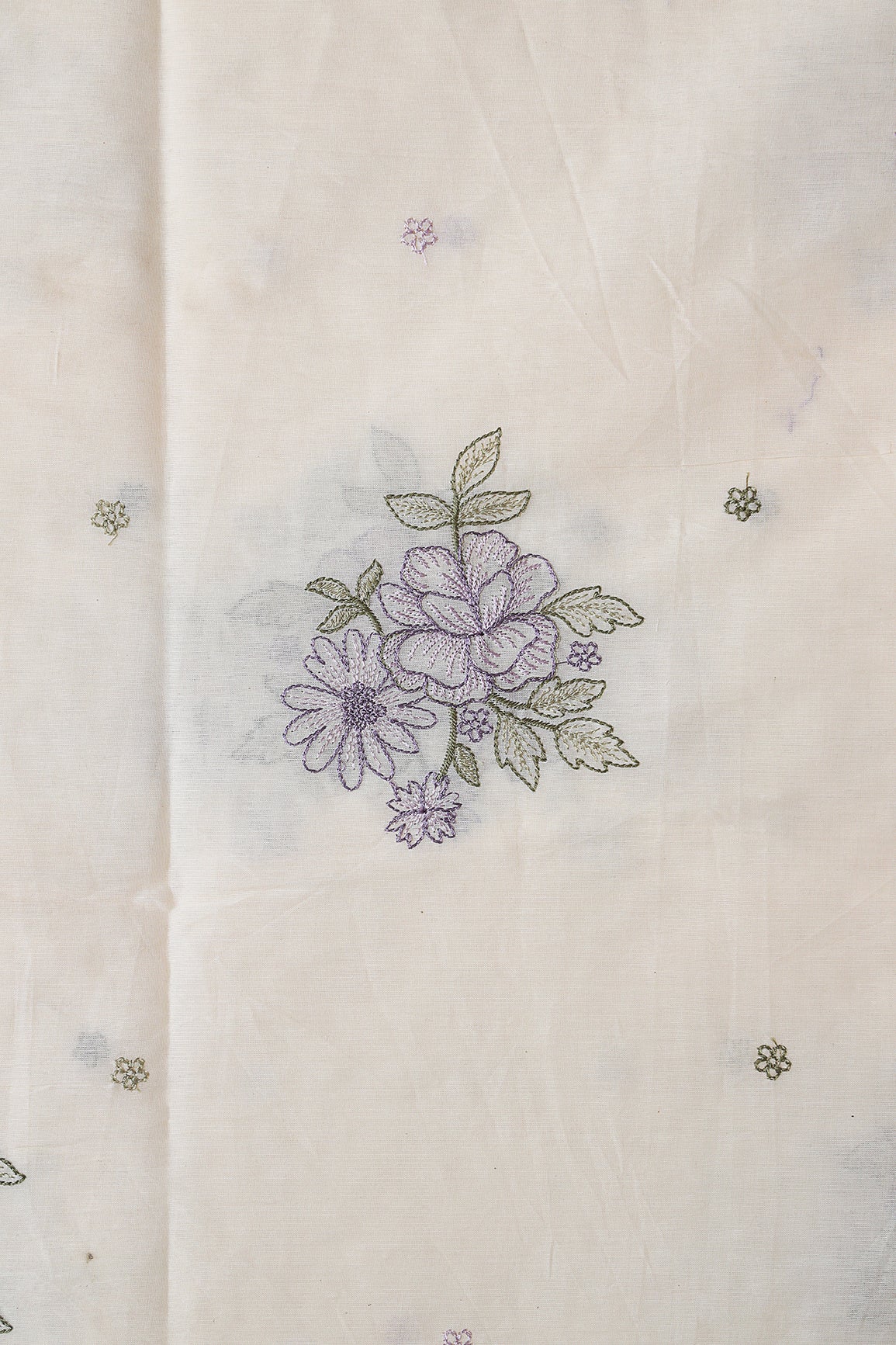 Purple And Olive Thread beautiful Floral Embroidery On Off White Organic Cotton Fabric