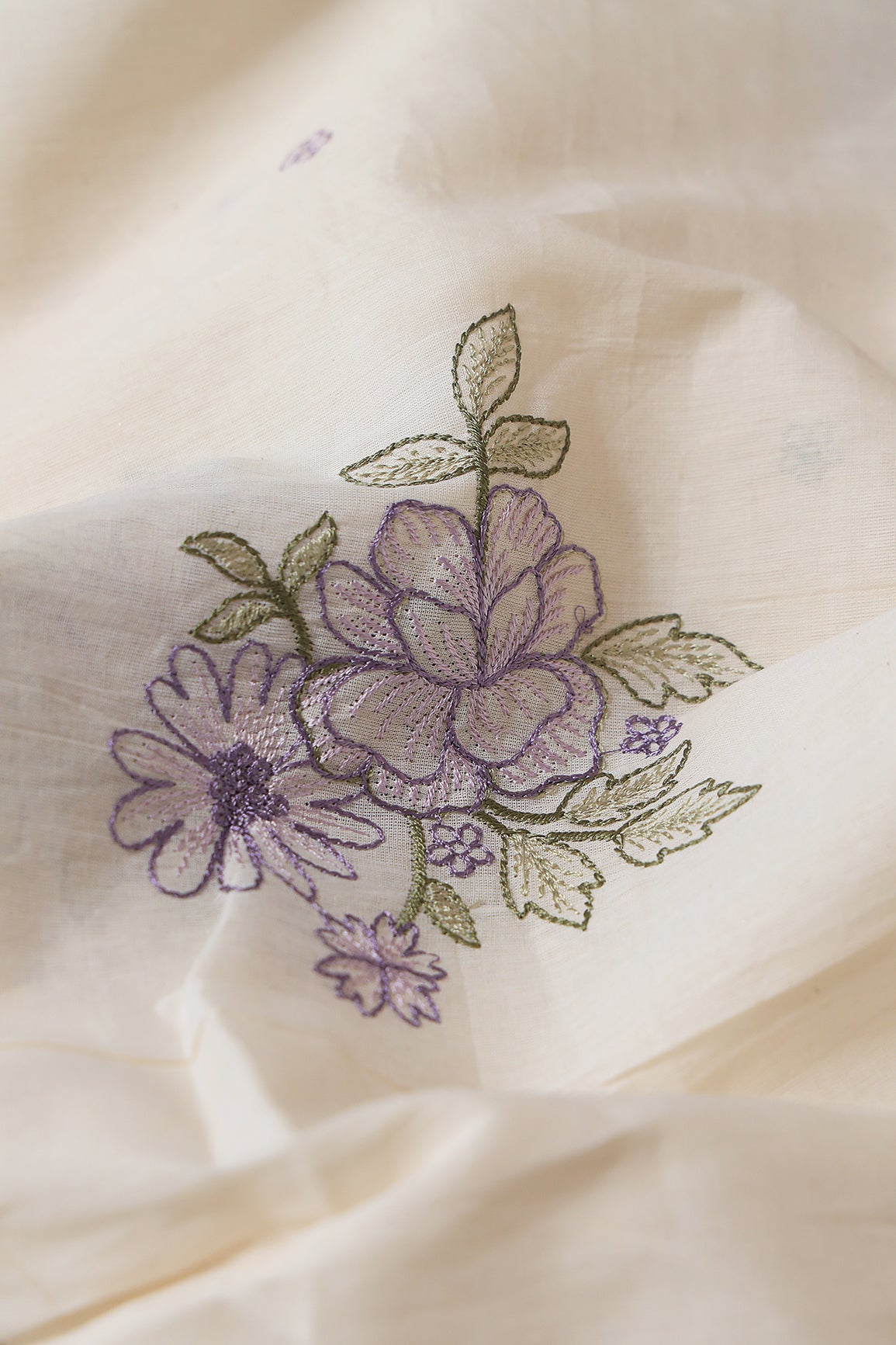Purple And Olive Thread beautiful Floral Embroidery On Off White Organic Cotton Fabric