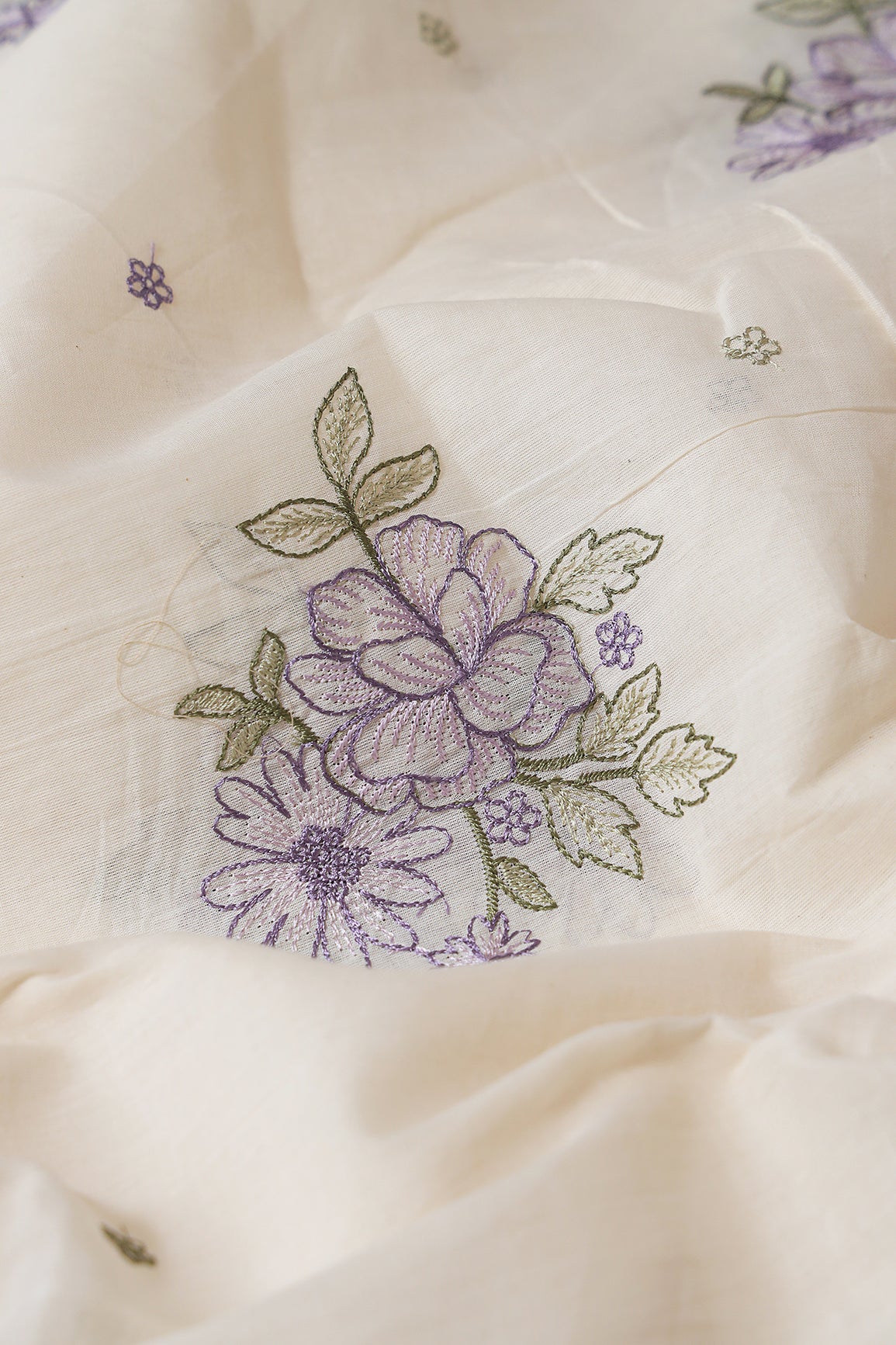 Purple And Olive Thread beautiful Floral Embroidery On Off White Organic Cotton Fabric