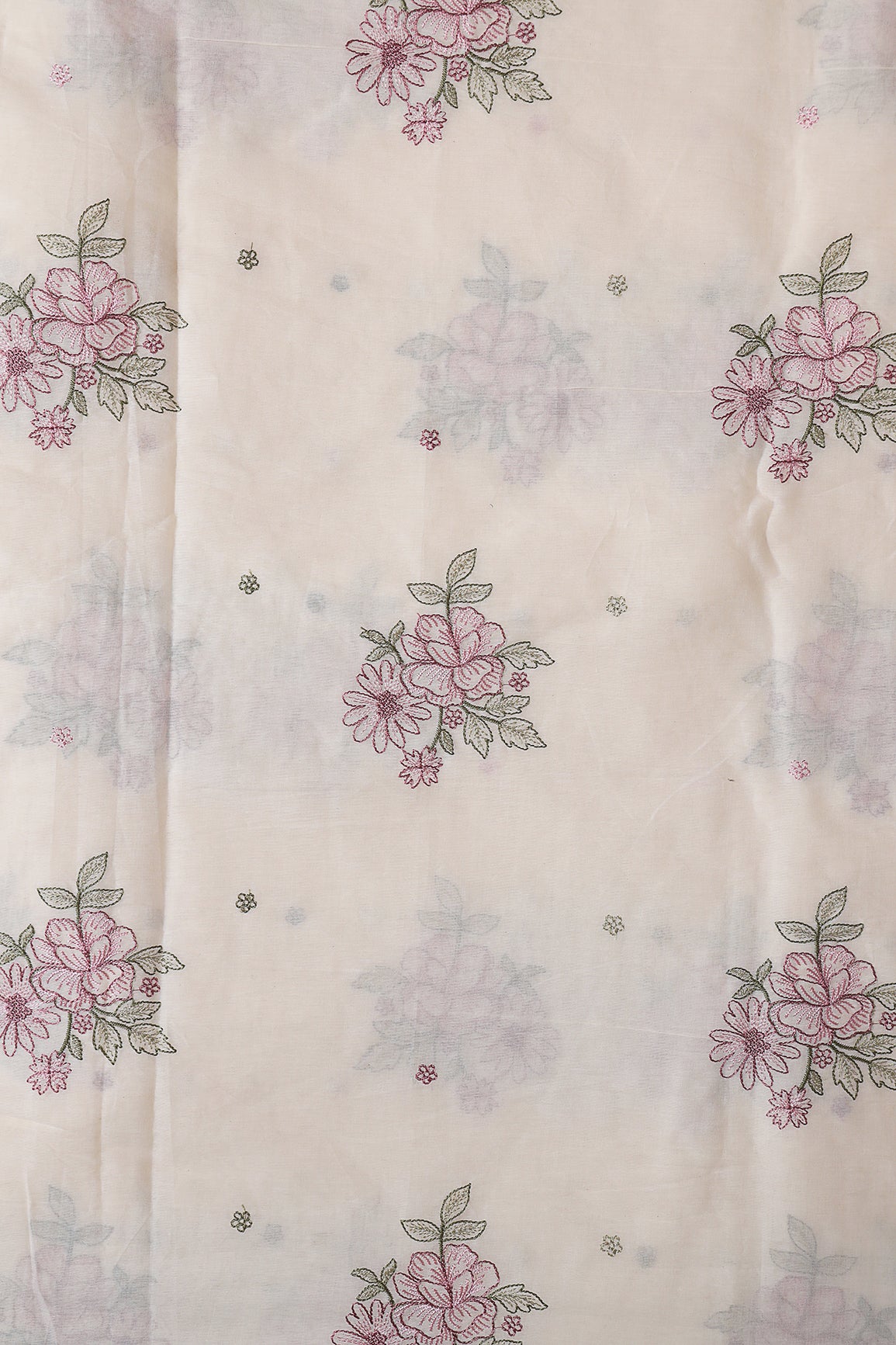 Mauve And Olive Thread beautiful Floral Embroidery On Off White Organic Cotton Fabric