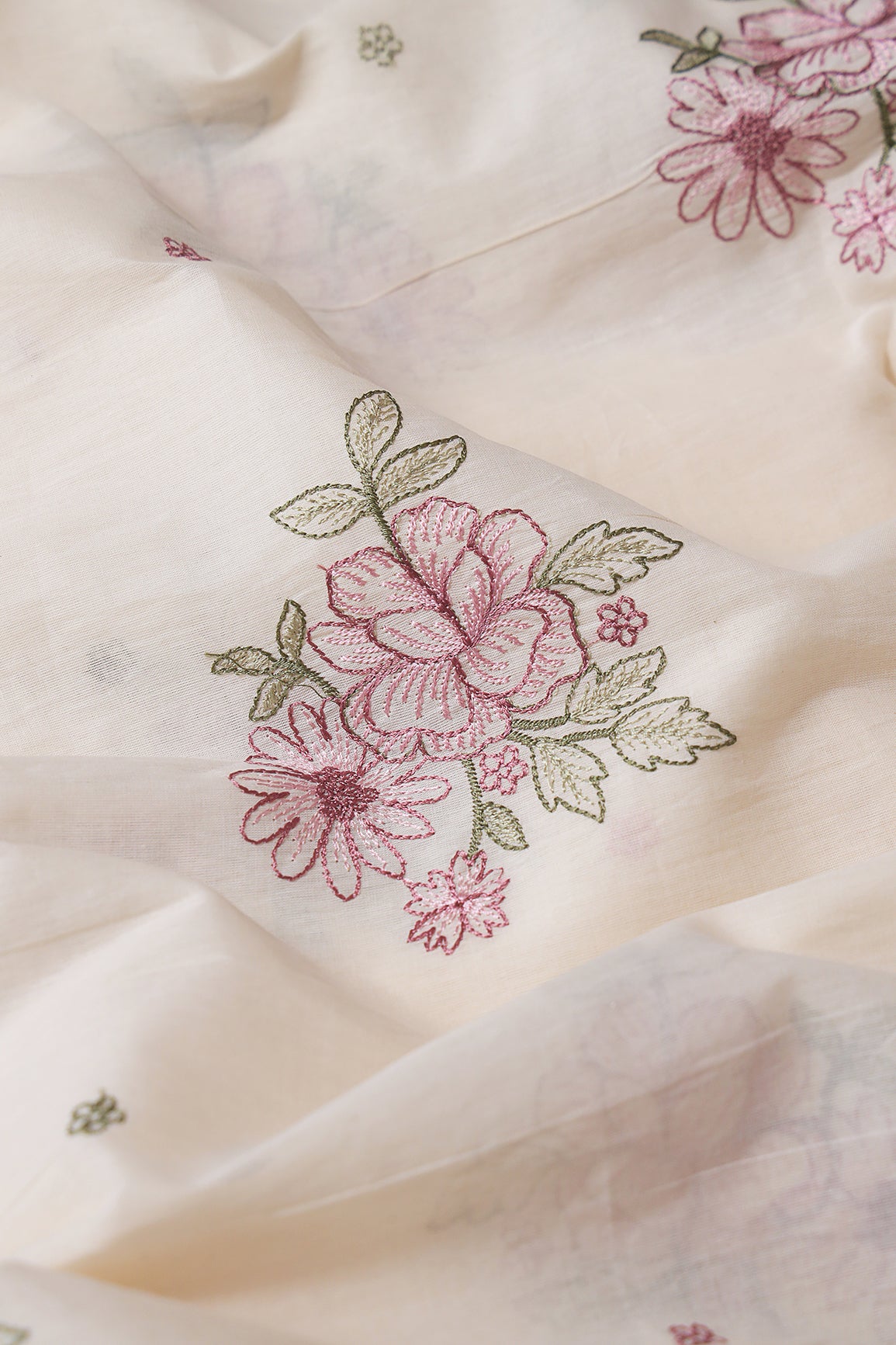 Mauve And Olive Thread beautiful Floral Embroidery On Off White Organic Cotton Fabric
