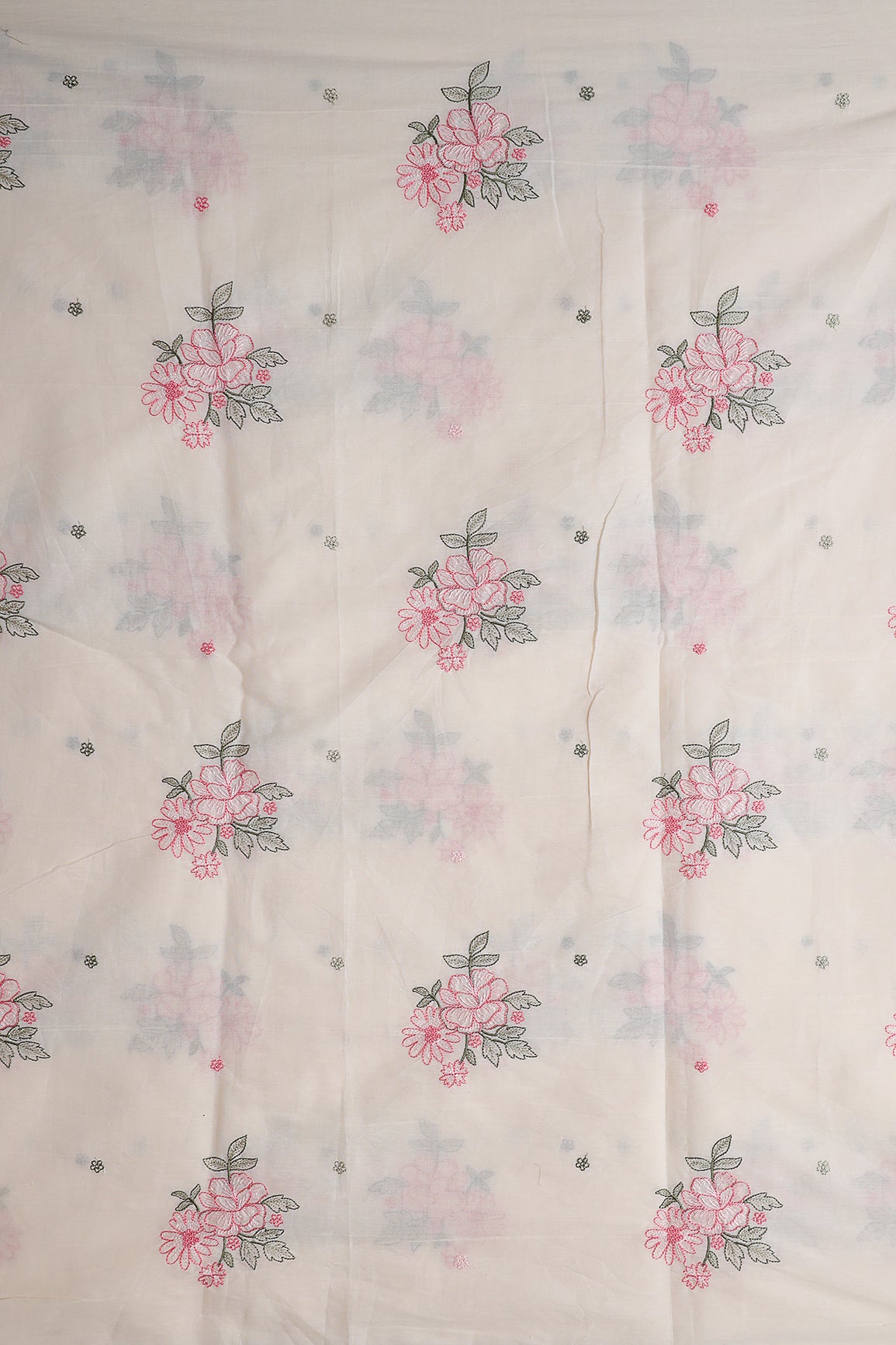 Pink And Olive Thread Floral Embroidery On Off White Organic Cotton Fabric