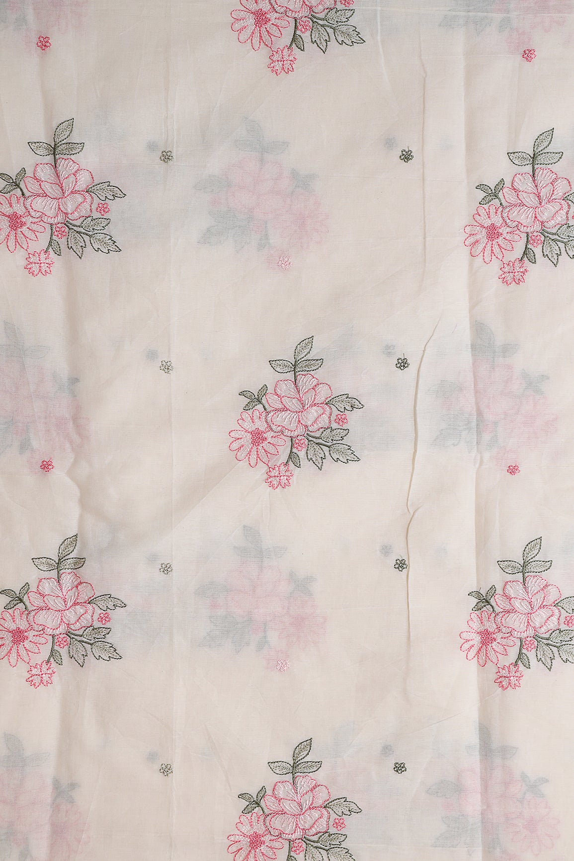 Pink And Olive Thread Floral Embroidery On Off White Organic Cotton Fabric