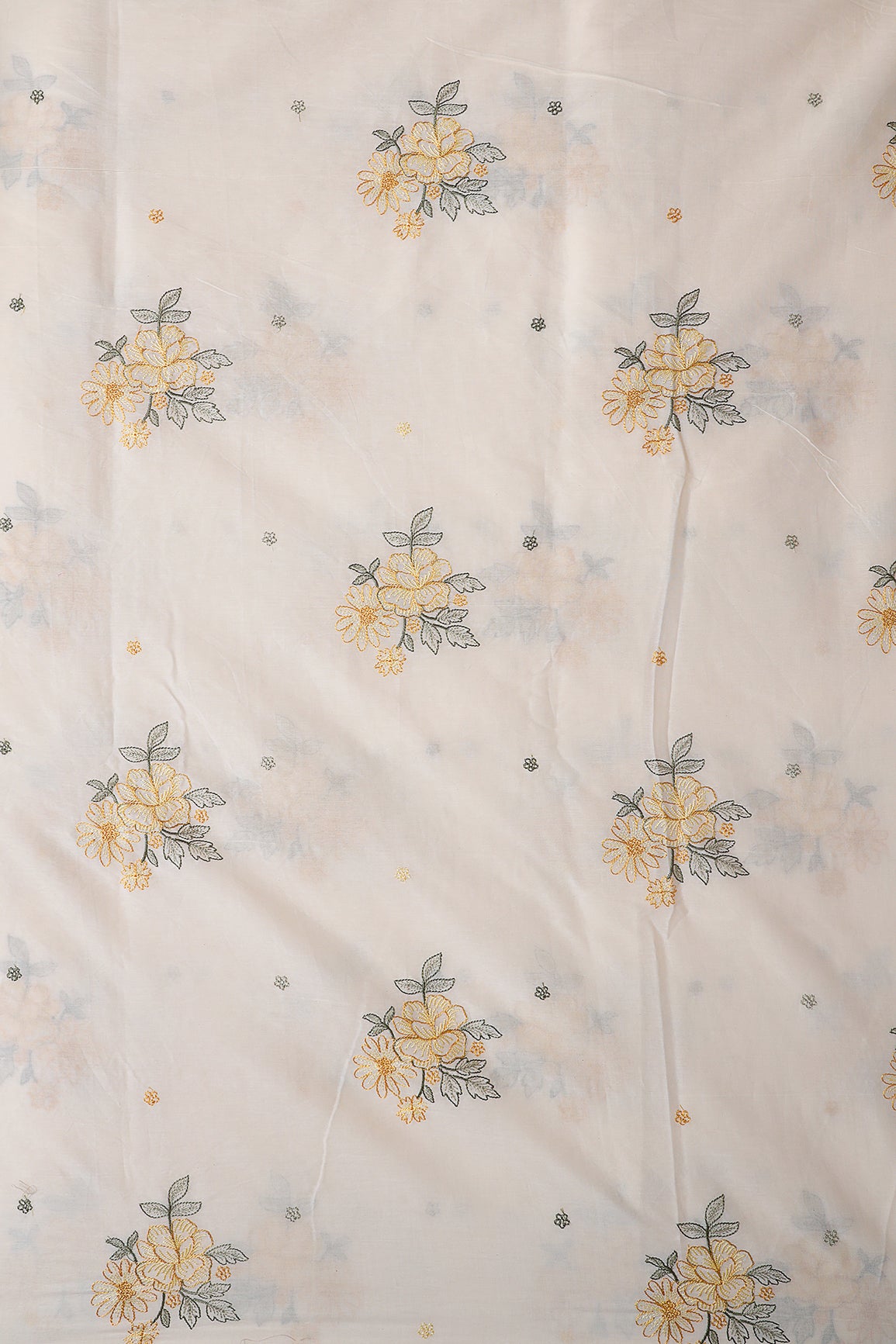 Mustard And Olive Thread beautiful Floral Embroidery On Off White Organic Cotton Fabric