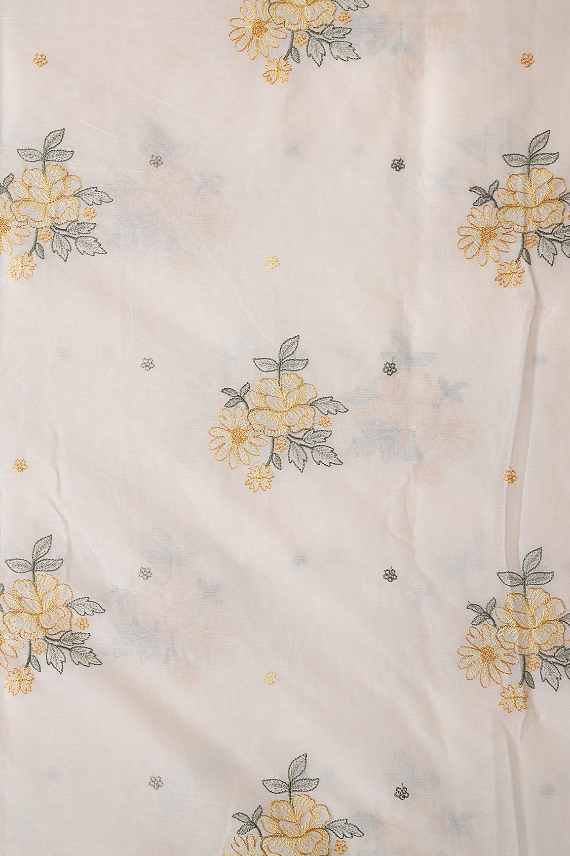 Mustard And Olive Thread beautiful Floral Embroidery On Off White Organic Cotton Fabric