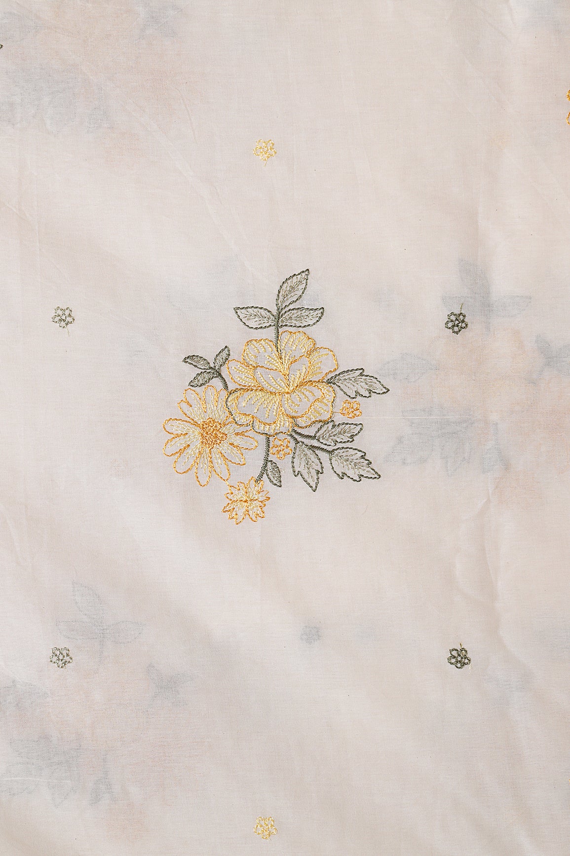 Mustard And Olive Thread beautiful Floral Embroidery On Off White Organic Cotton Fabric