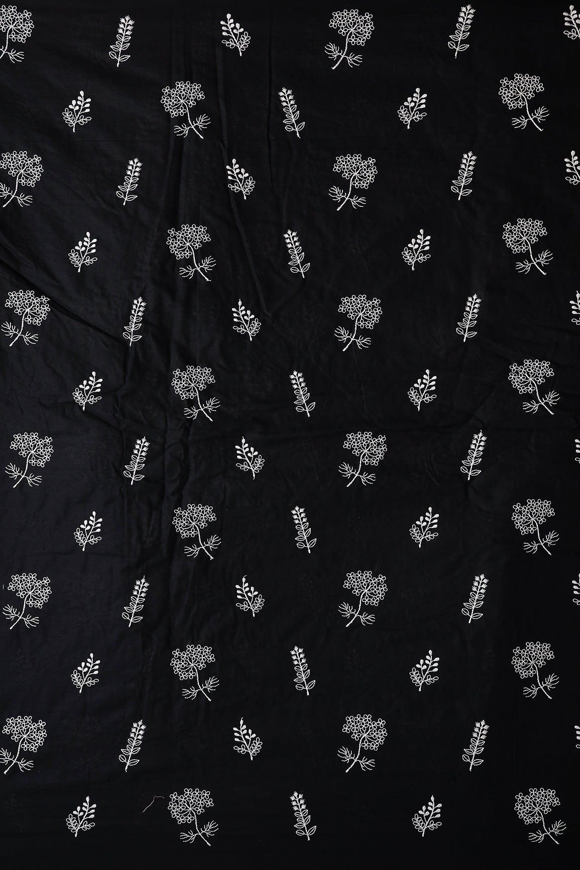 White Thread beautiful Leafy Embroidery On Black Organic Cotton Fabric