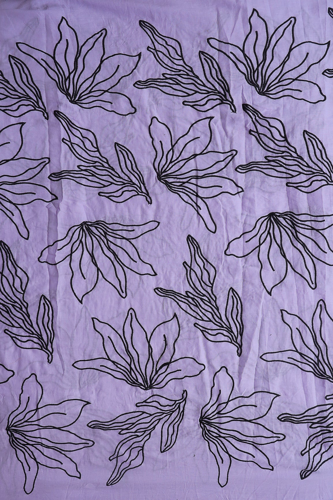 Beautiful Black Floral Embroidery On Lavender Pure Mul Cotton Fabric