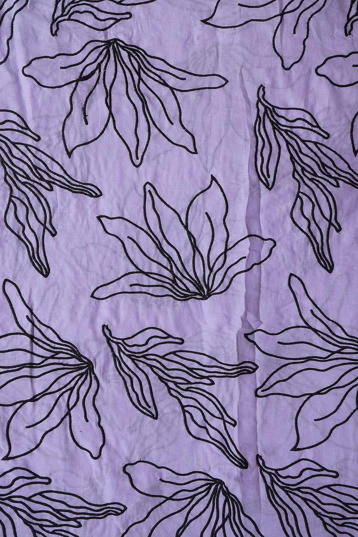 Beautiful Black Floral Embroidery On Lavender Pure Mul Cotton Fabric