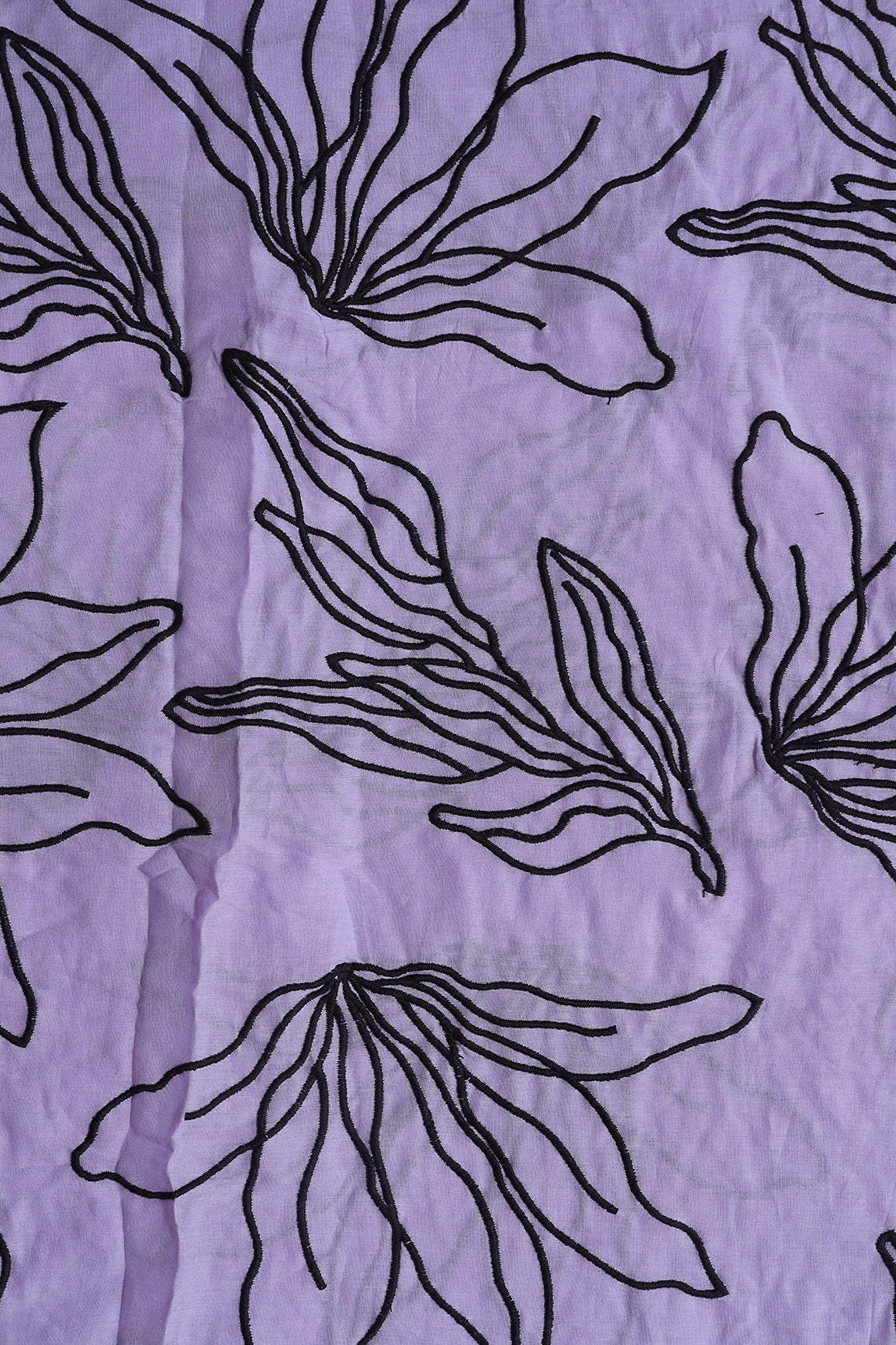Beautiful Black Floral Embroidery On Lavender Pure Mul Cotton Fabric