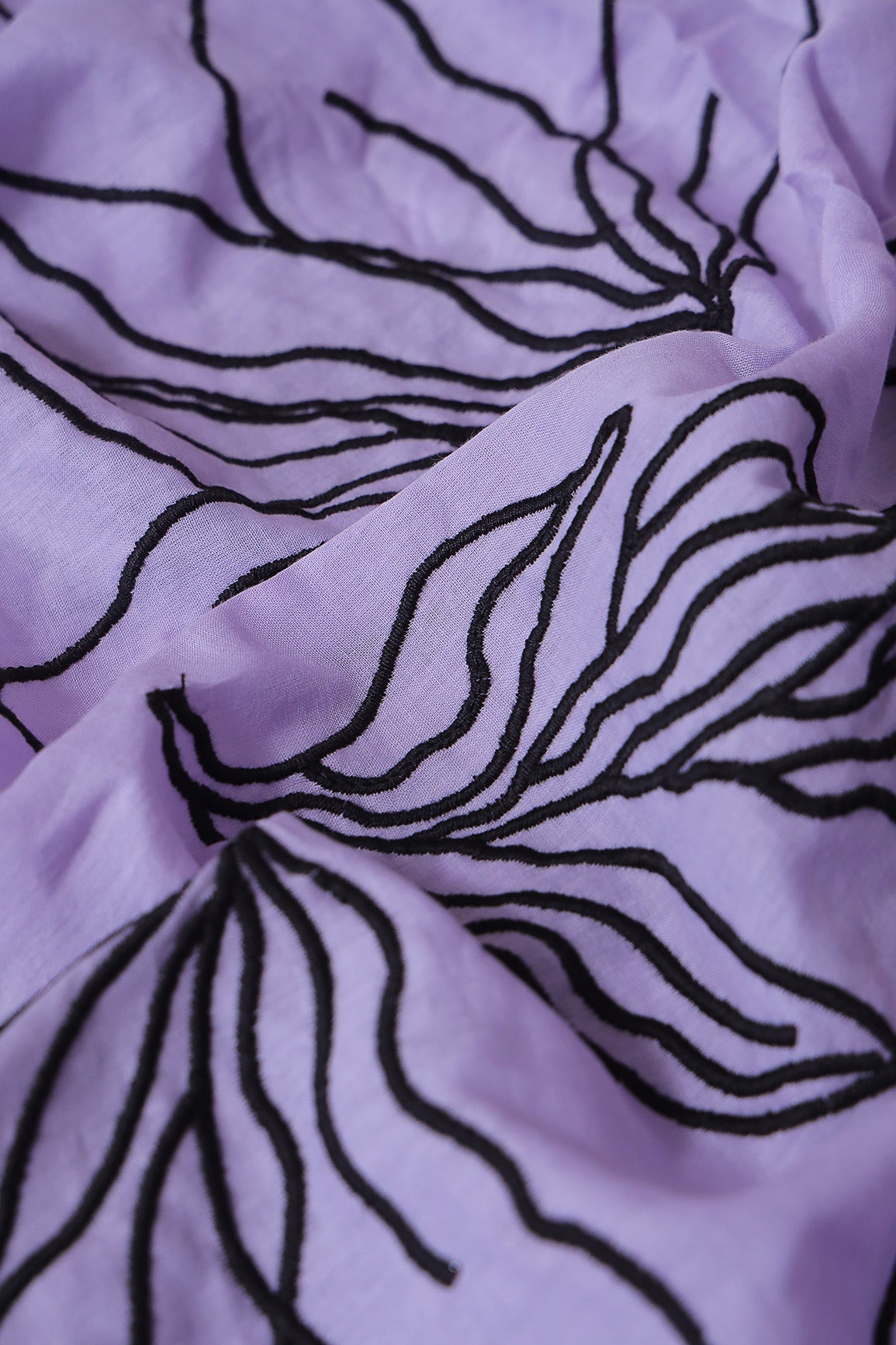 Beautiful Black Floral Embroidery On Lavender Pure Mul Cotton Fabric