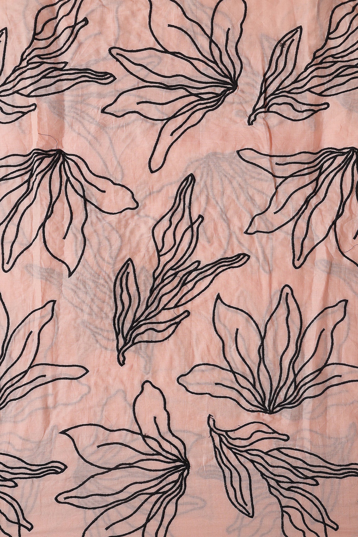 Beautiful Black Floral Embroidery On Peach Pure Mul Cotton Fabric