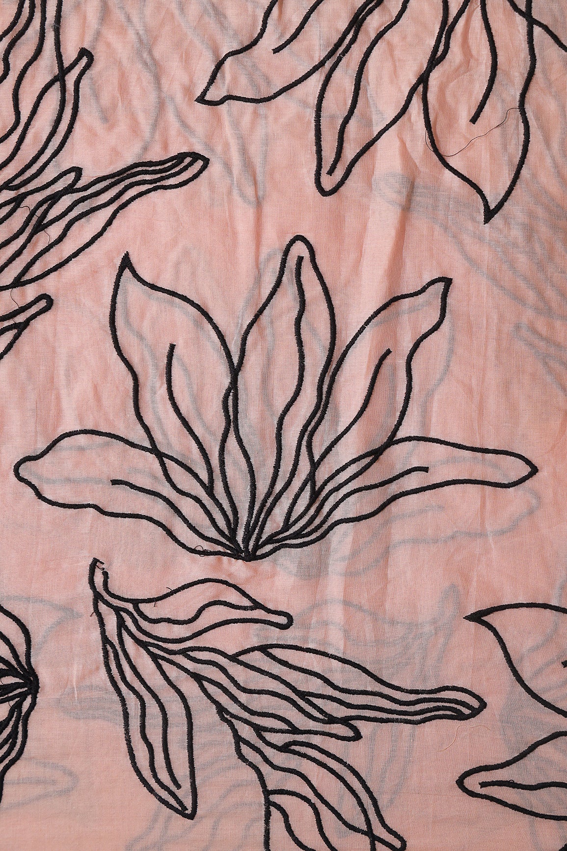 Beautiful Black Floral Embroidery On Peach Pure Mul Cotton Fabric