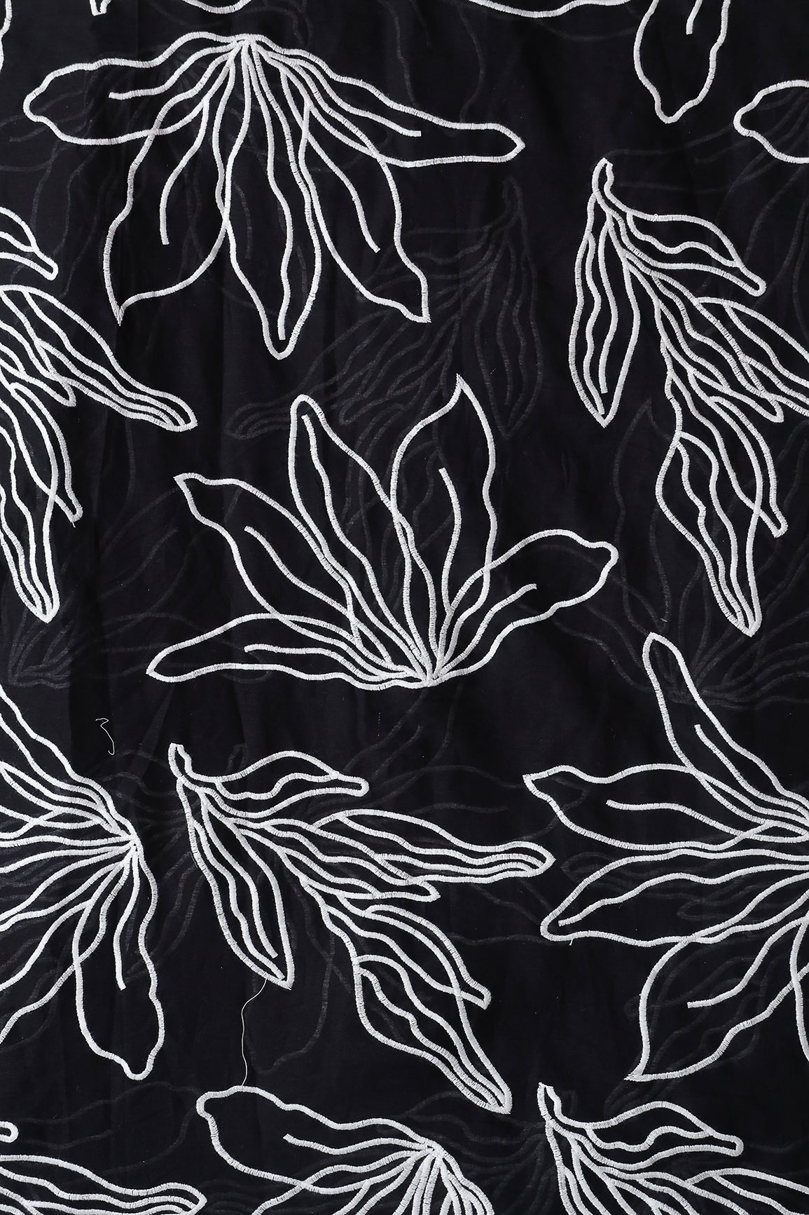 Beautiful White Floral Embroidery On Black Pure Mul Cotton Fabric