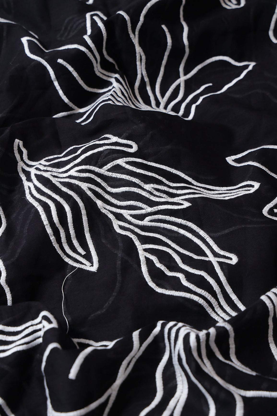 Beautiful White Floral Embroidery On Black Pure Mul Cotton Fabric