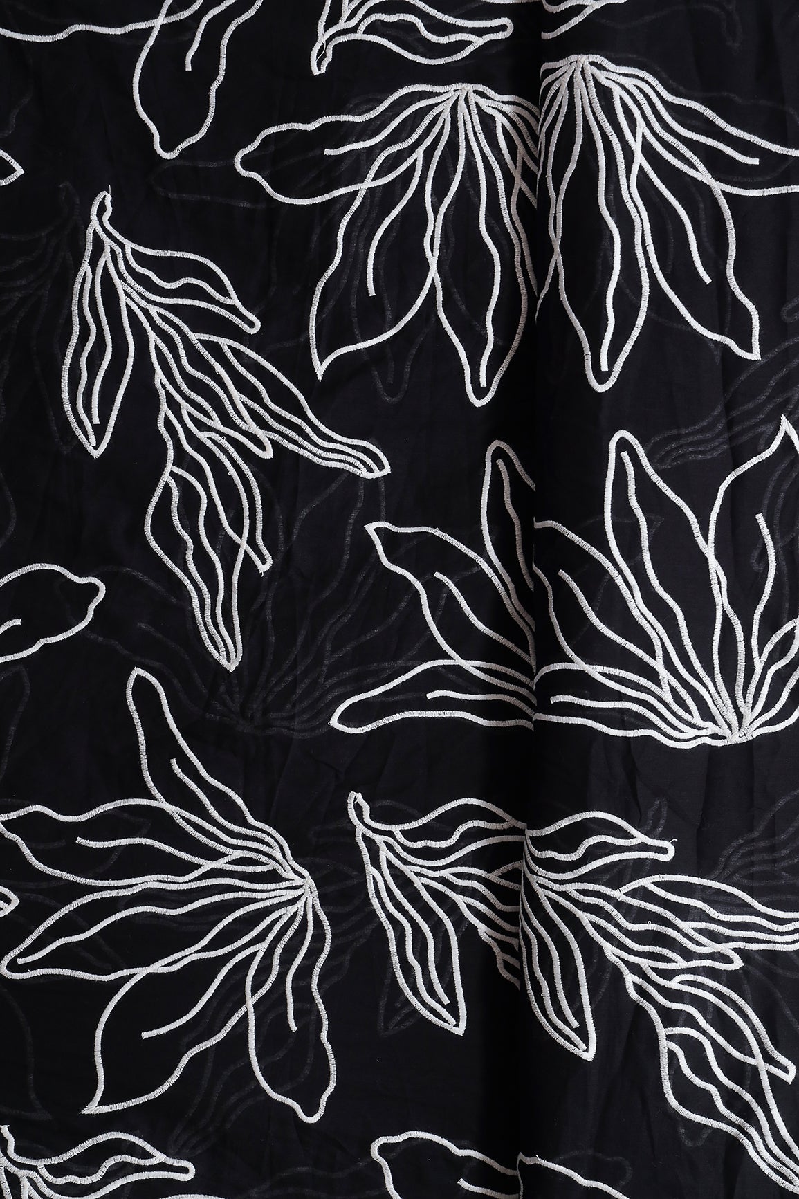 Beautiful White Floral Embroidery On Black Pure Mul Cotton Fabric