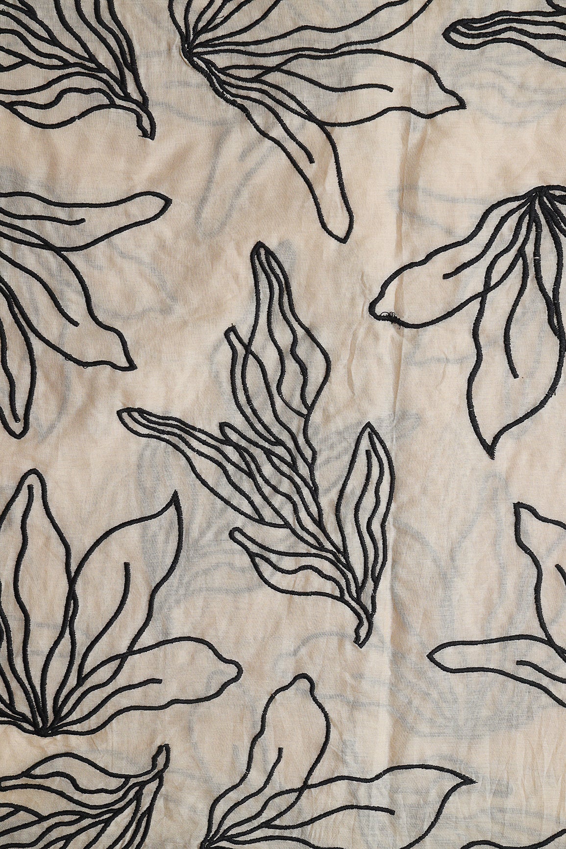 Beautiful Black Floral Embroidery On Beige Pure Mul Cotton Fabric