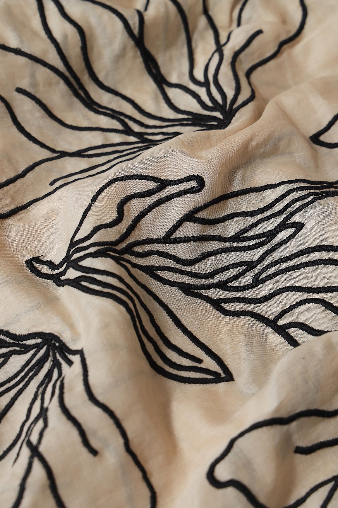 Beautiful Black Floral Embroidery On Beige Pure Mul Cotton Fabric