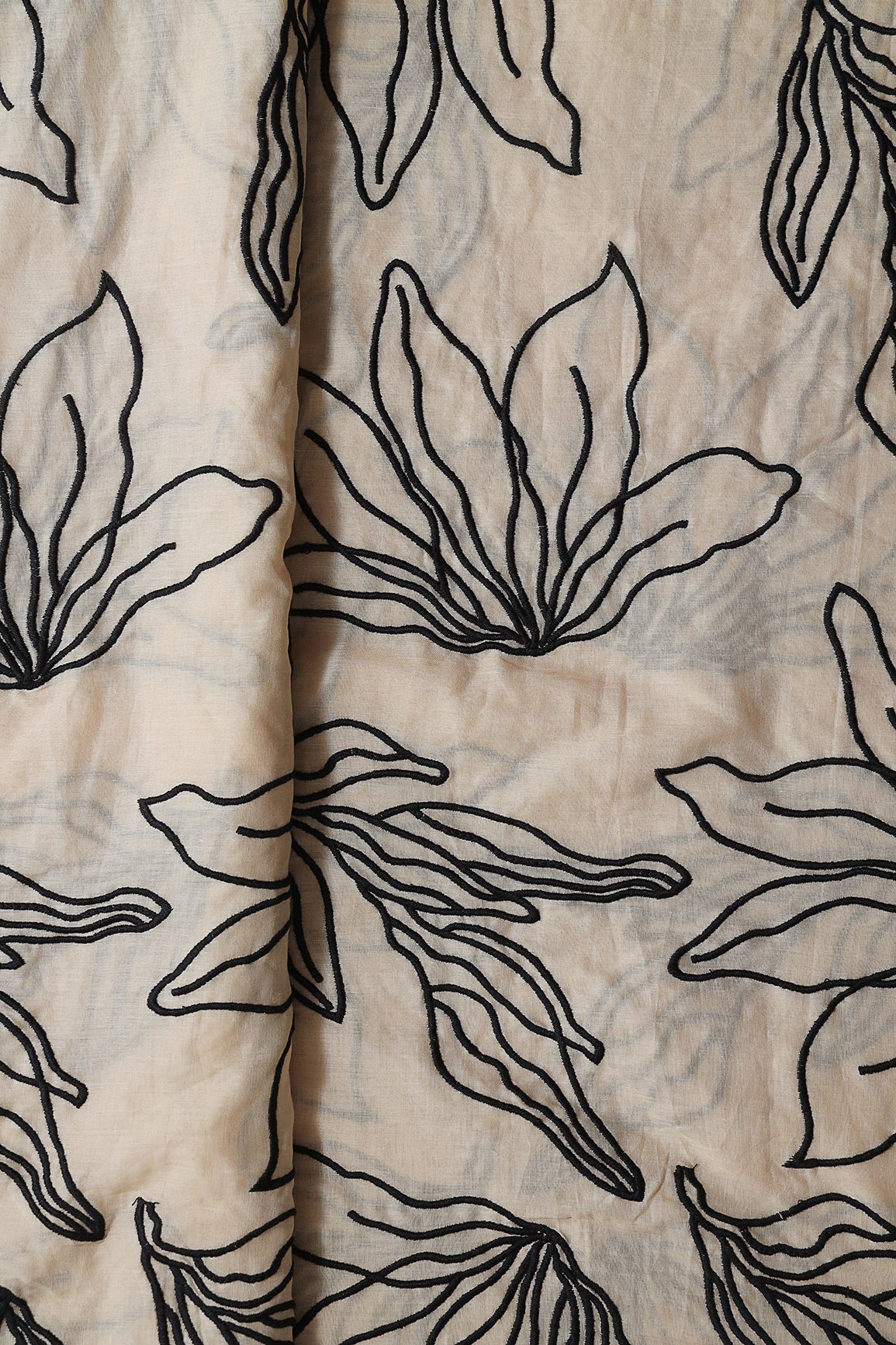 Beautiful Black Floral Embroidery On Beige Pure Mul Cotton Fabric