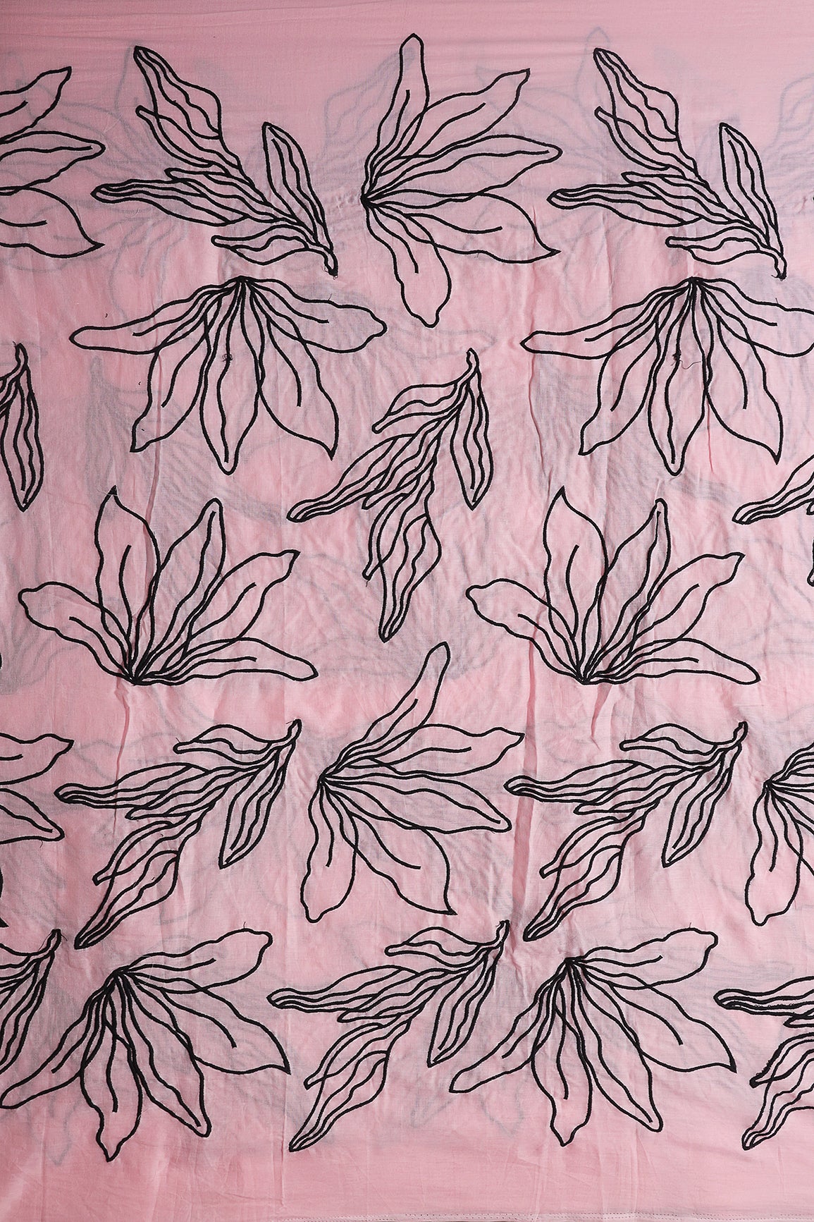 Beautiful Black Floral Embroidery On Pastel Pink Pure Mul Cotton Fabric