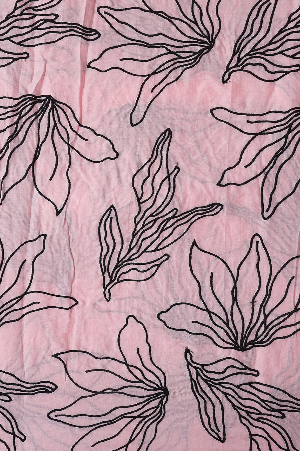 Beautiful Black Floral Embroidery On Pastel Pink Pure Mul Cotton Fabric