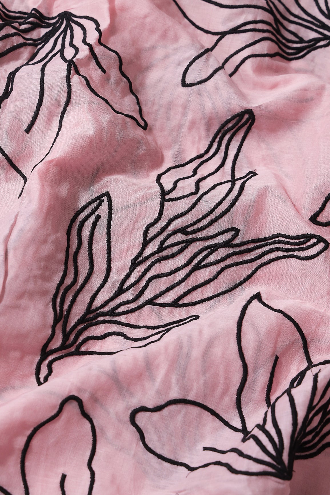 Beautiful Black Floral Embroidery On Pastel Pink Pure Mul Cotton Fabric