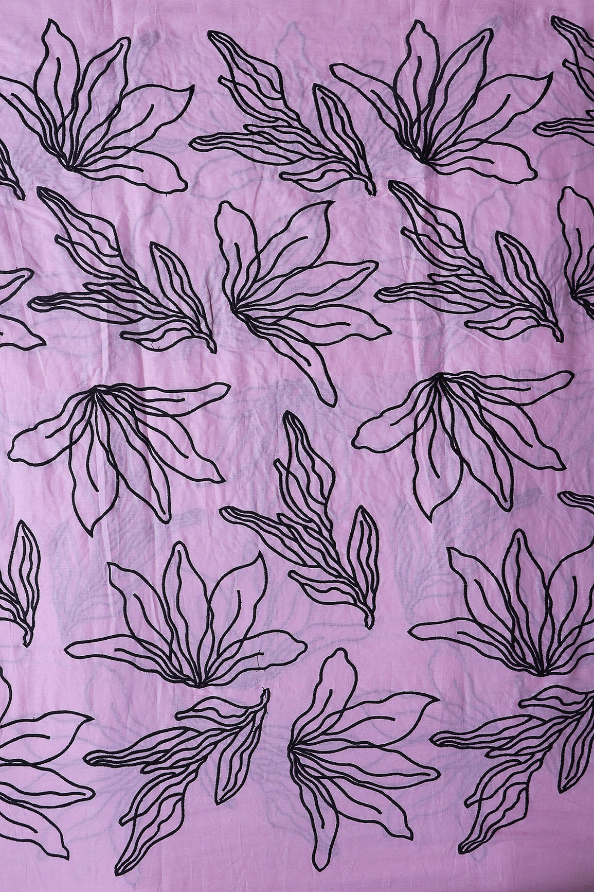 Beautiful Black Floral Embroidery On Lilac Pure Mul Cotton Fabric