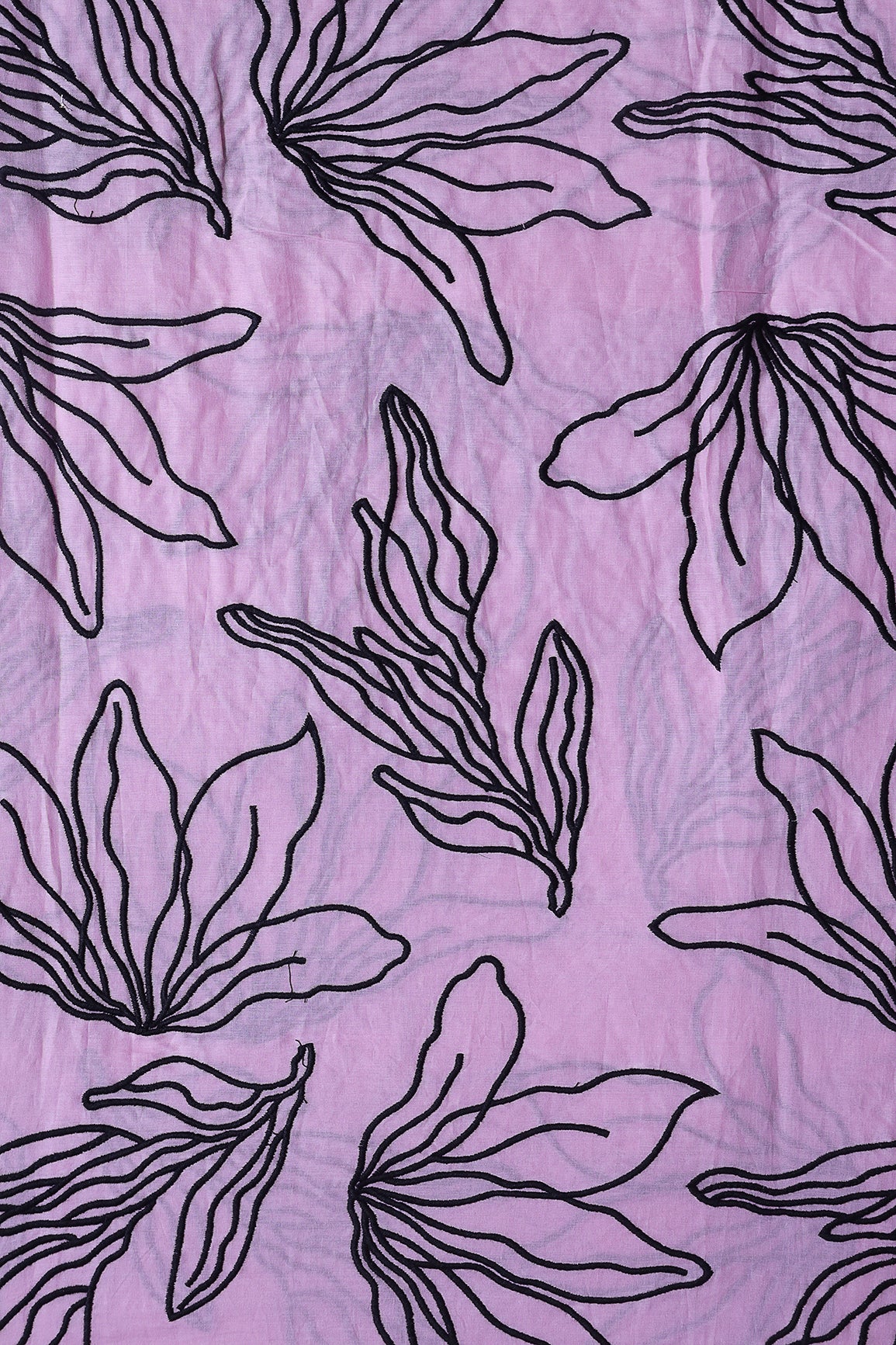 Beautiful Black Floral Embroidery On Lilac Pure Mul Cotton Fabric