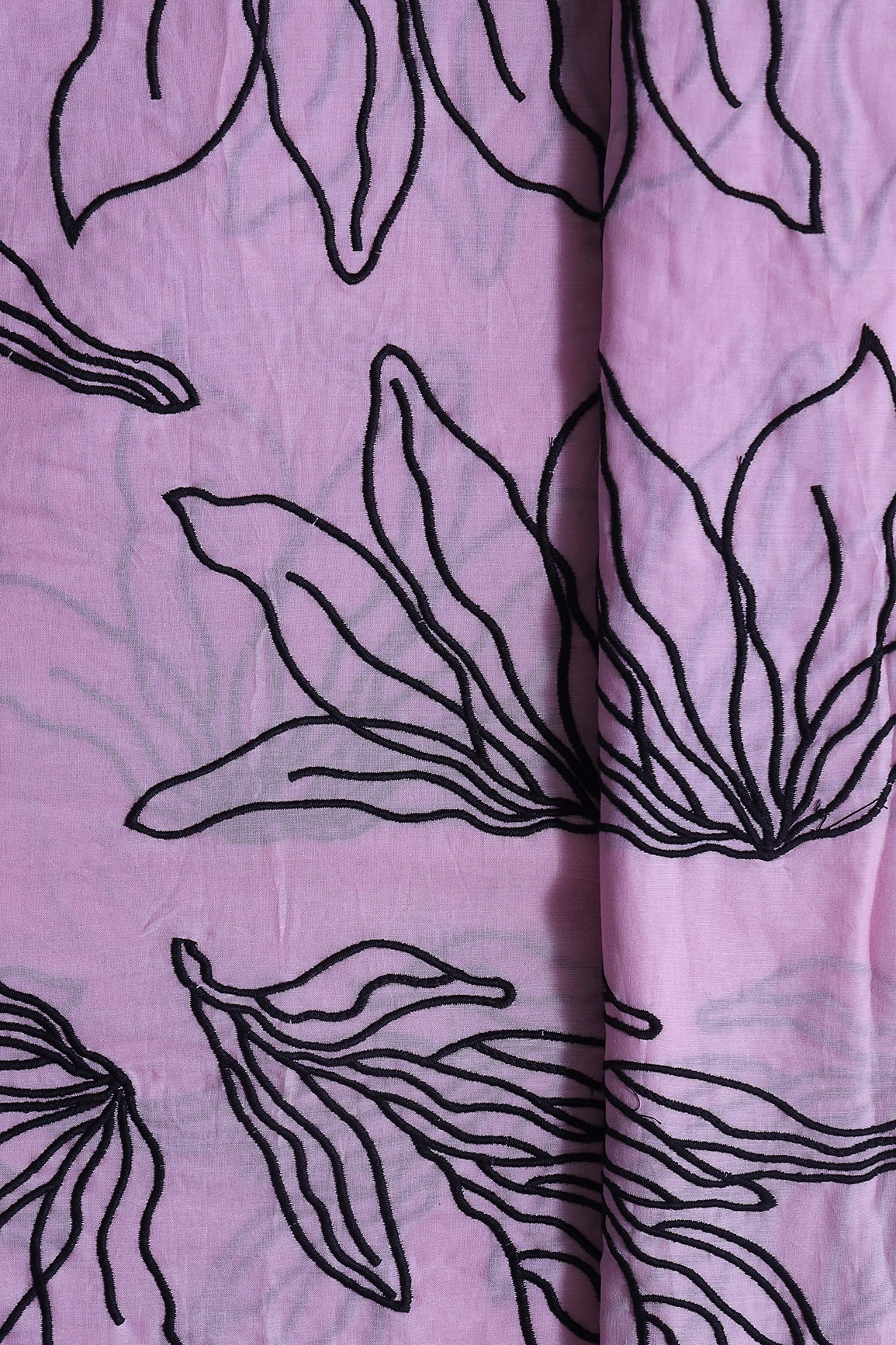 Beautiful Black Floral Embroidery On Lilac Pure Mul Cotton Fabric