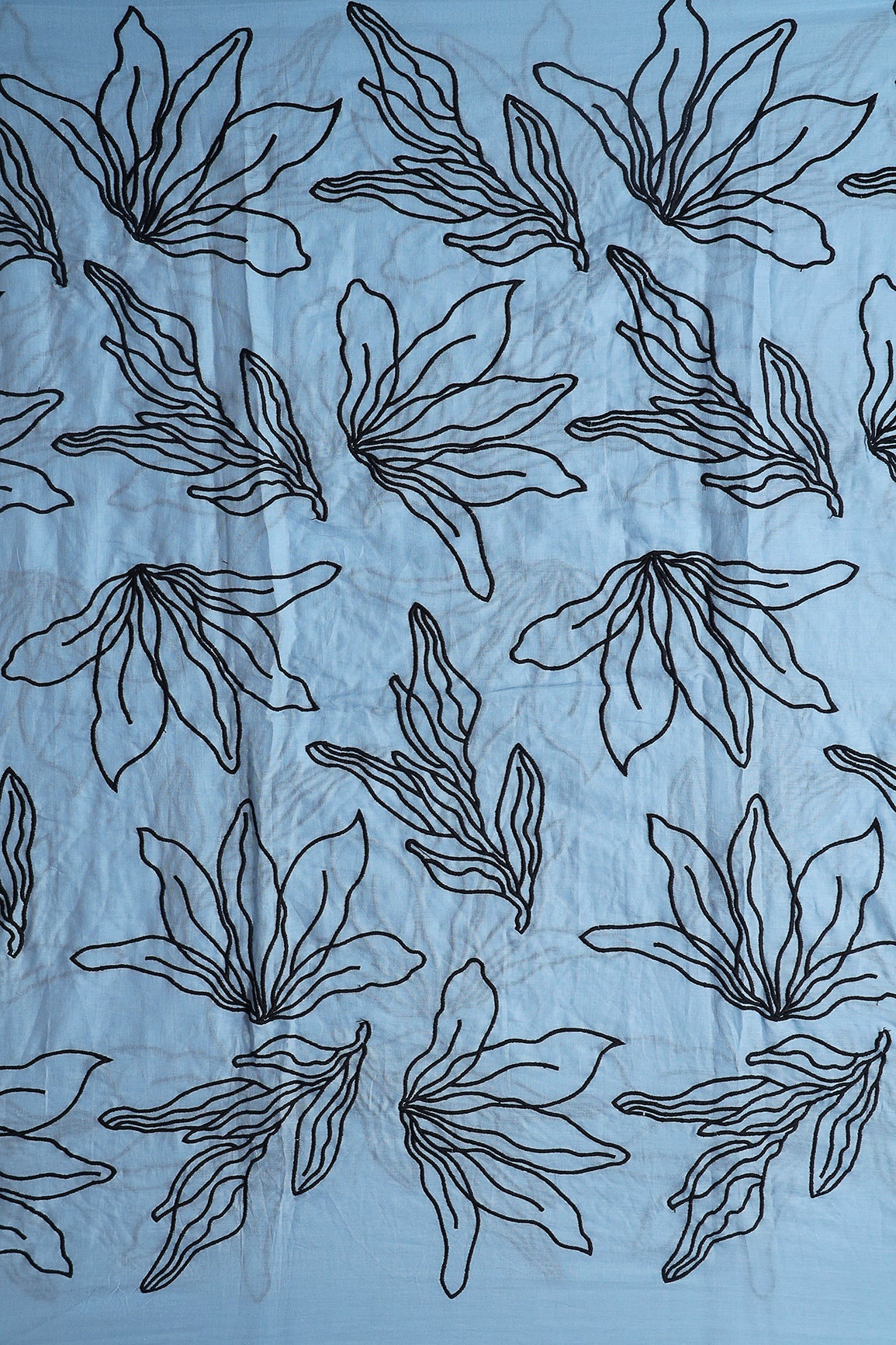 Beautiful Black Floral Embroidery On Pastel Blue Pure Mul Cotton Fabric