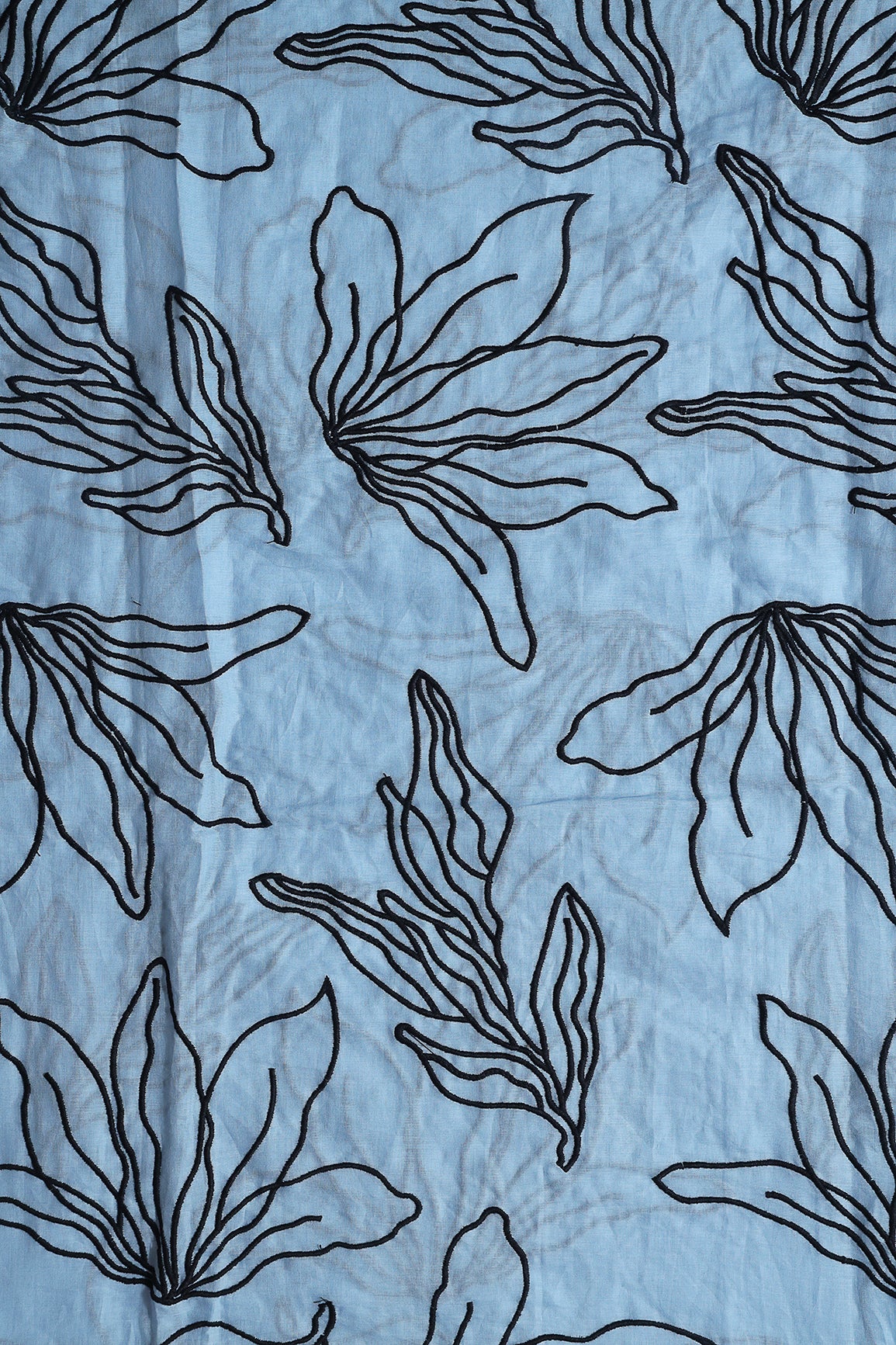 Beautiful Black Floral Embroidery On Pastel Blue Pure Mul Cotton Fabric