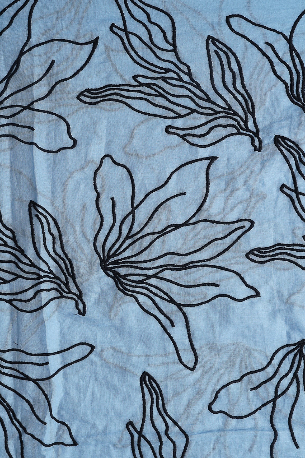 Beautiful Black Floral Embroidery On Pastel Blue Pure Mul Cotton Fabric