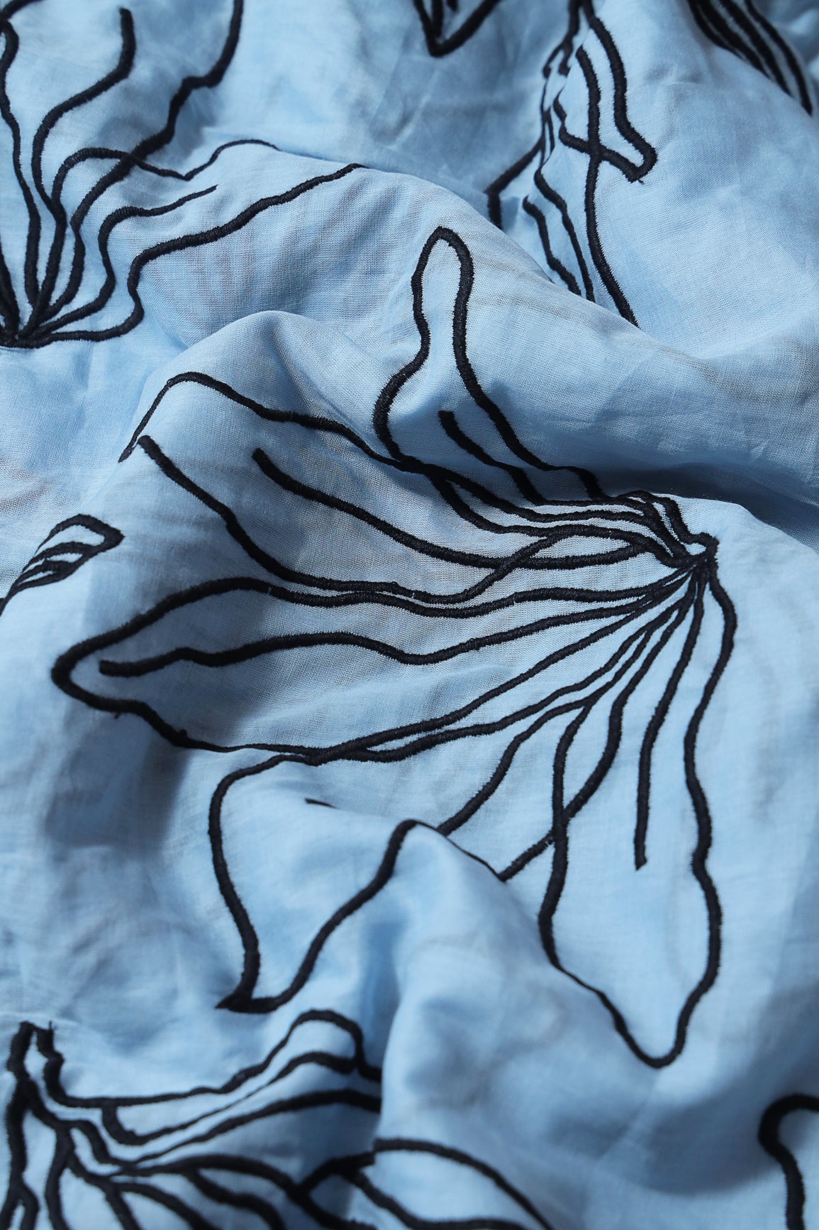 Beautiful Black Floral Embroidery On Pastel Blue Pure Mul Cotton Fabric