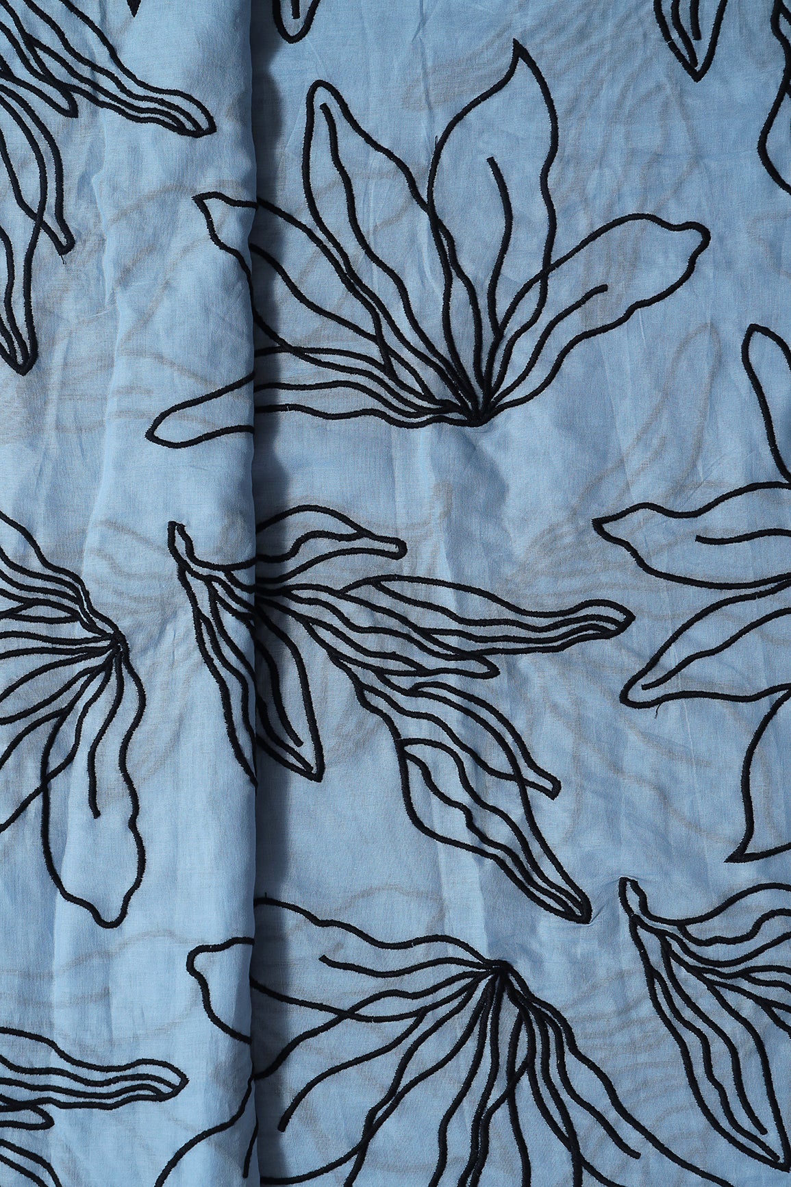 Beautiful Black Floral Embroidery On Pastel Blue Pure Mul Cotton Fabric