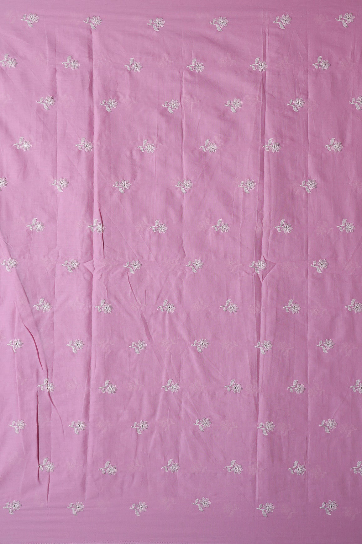 White Thread Small Floral Embroidery On Lilac Pure Mul Cotton Fabric